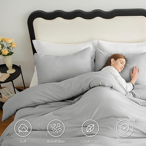 Miniatura 5 de CozyLux - Juego de edredón de 3 piezas en color gris claro, tamaño queen, acolchado, transpirable, suave con edredón de relleno alternativo, para