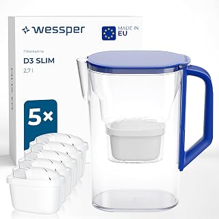 Wessper Wasserfilter Kanne für Kühlschranktür 2,7L set mit 6 filter - Blau | wasserfilter kanne, wasser filter aktivkohle, Reduziert Chlor und Schwermetalle, BPA-frei