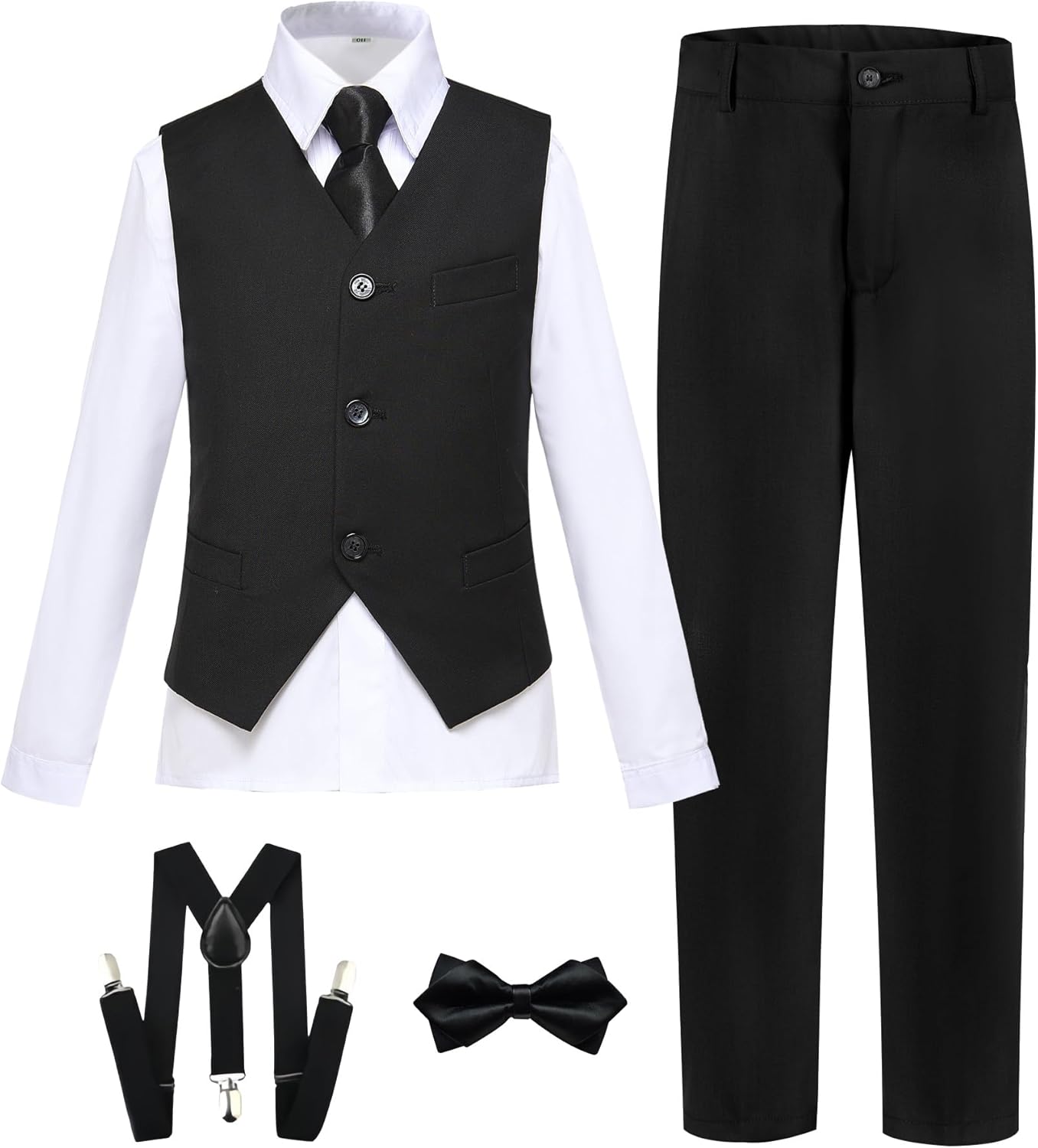 Boy's Formal Suit 7 Piece Slim Fit Tuxedo for Kids Teen Boys Jacket Vest and Pants Set for Wedding with Bow Tie Suspenders