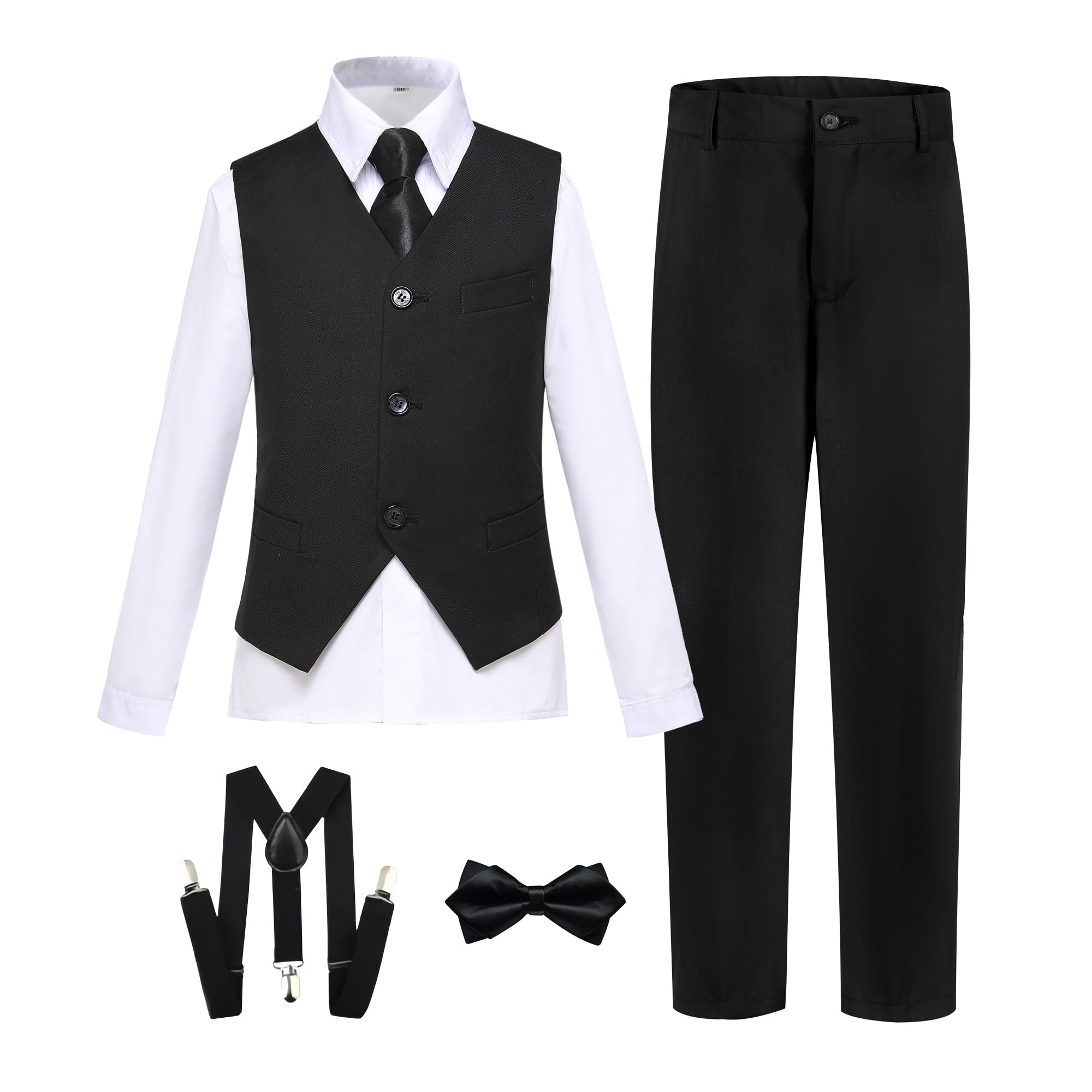 SISAVE Boys Dress Pants Suit 6 Piece Slim Fit Tuxedo for Kids Teen Boys | Vest and Pants, Shirt, Bow Tie, Tie, Suspenders