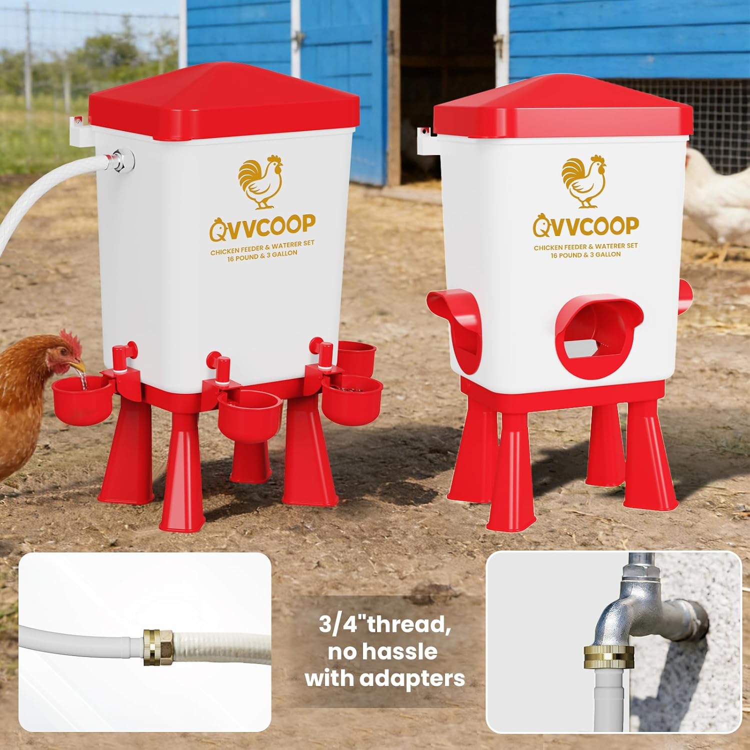 Automatic Chicken Feeder and Waterer Set, Chicken Waterer with Float Valve, Poultry Feeding and Watering Supplies, Elevated Water Dispenser, 3 Gallon, Red, Float Controlled