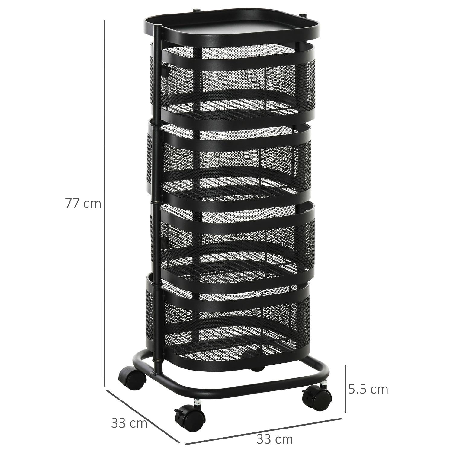 Carrello Cucina Portafrutta, Multiuso, in Acciaio e Plastica, 33x33x77 cm, Nero