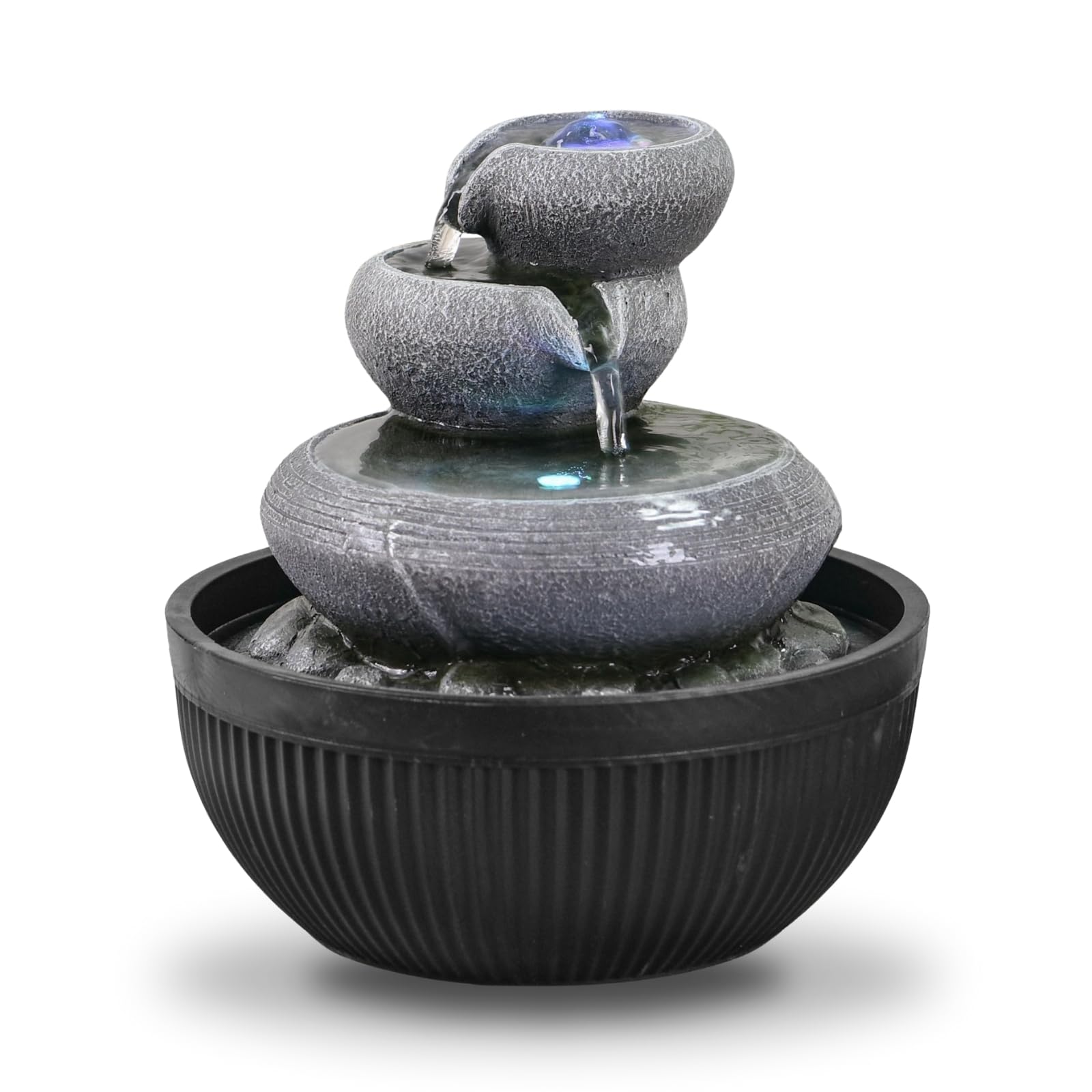 Fuente de Interior Cascada 3 Niveles jarro Efecto Piedra Natural luz LED Colorida, decoración Interior Zen y Elegante, Fuente de Mesa, Idea de Regalo excepcional, Altura 21 cm – Geelong Zen'Light