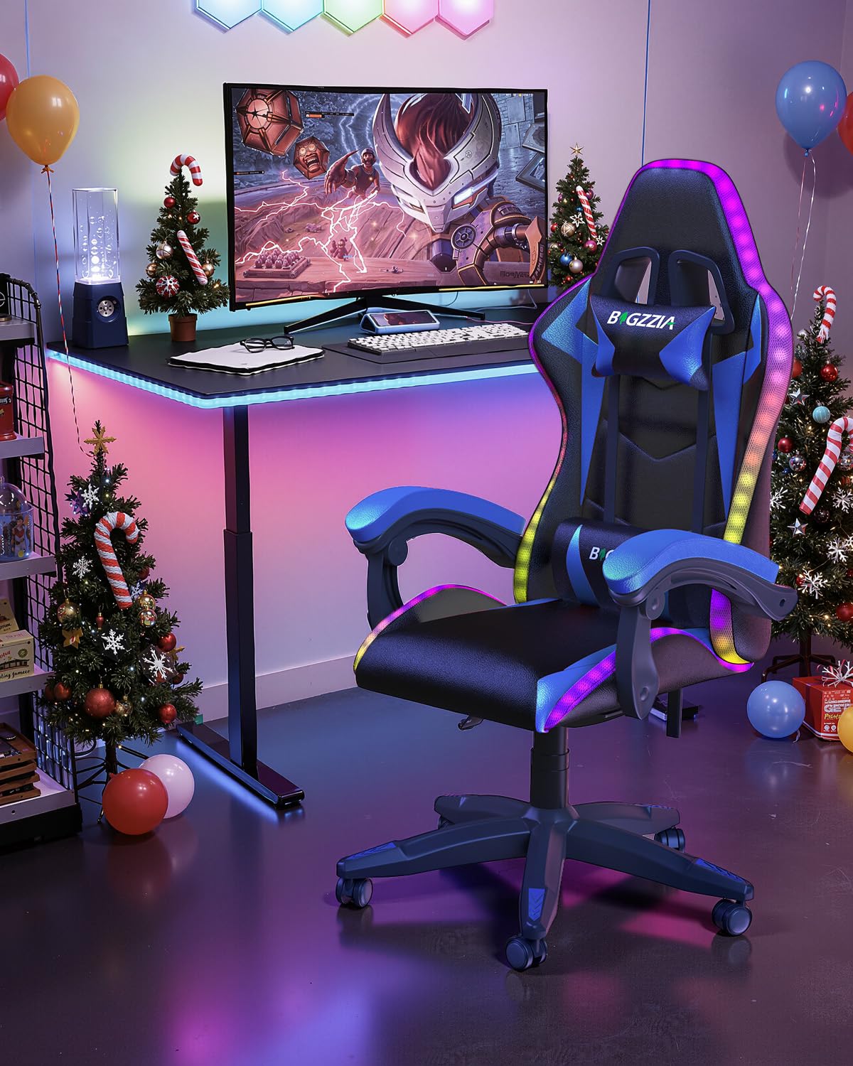 bigzzia Gaming Stuhl mit LED - Gaming Sessel Ergonomischer PC Stuhl mit Kopfstütze, Gamer Stuhl RGB Licht Beleuchtung Computerstuhl, Gamer Chair für Jugendliche und Erwachsene, Schwarz-blau