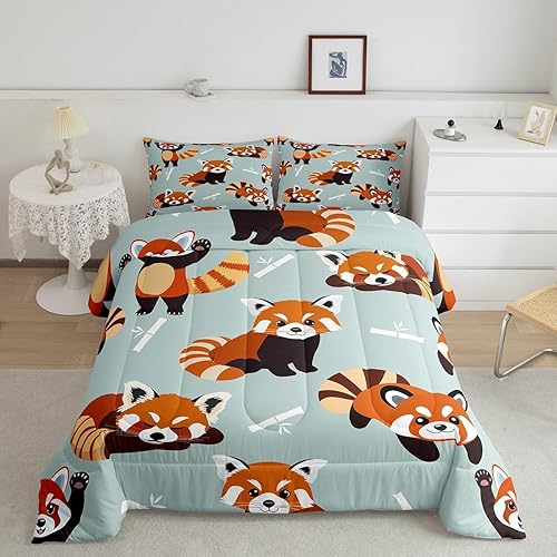 Miniatura 2 de Juego de edredón de panda rojo, tamaño matrimonial, juego de ropa de cama con bonito estampado de animales para niños y niñas, juego de edredón con