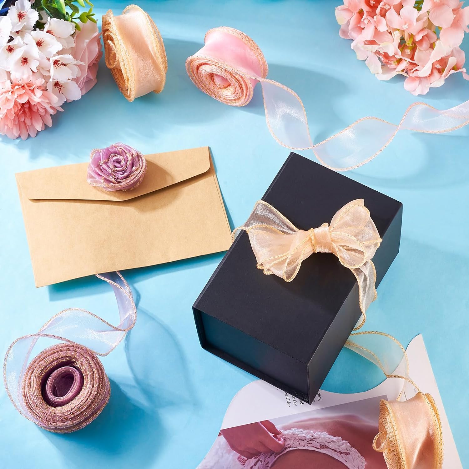 Sheer Organza Ribbon for Gift Wrapping - 4Pcs Craft Chiffon Ribbon, Shimmer Silk Fabric Ribbon for Crafts