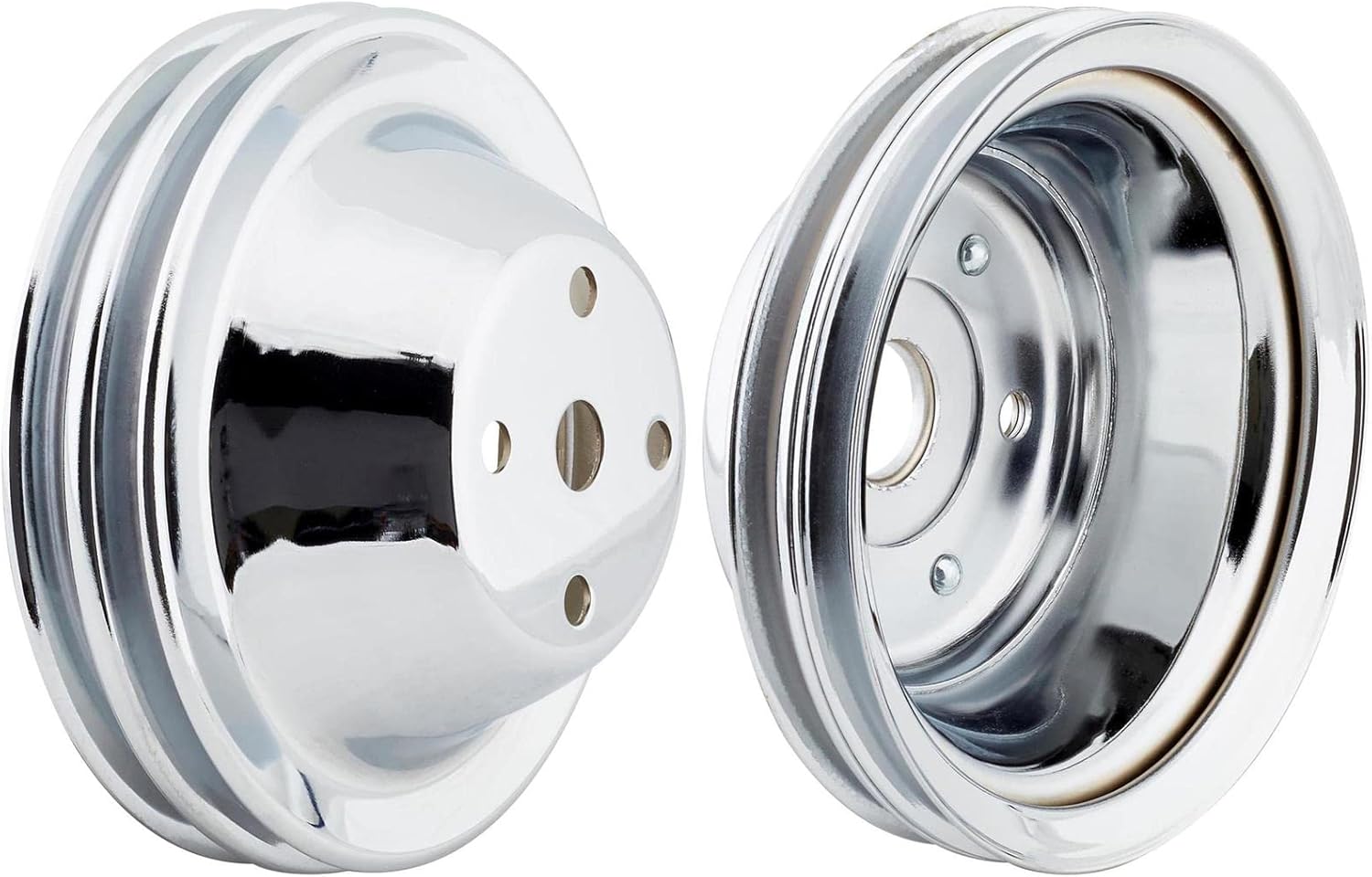 Speedway Motors Small Block Chevy Chrome Double-Groove Pulley Set for Long Water Pump, Lightweight Steel V-Belt Pulleys for 283-350 SBC Engines, Includes Water Pump & Crank Pulleys