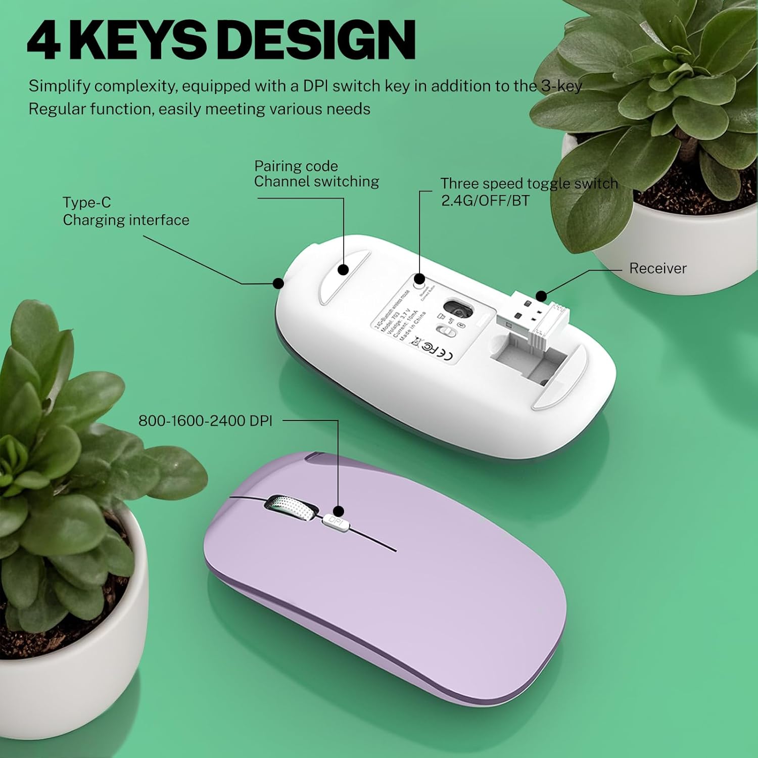 Wireless Keyboard and Mouse, Compact Multi-Device Bluetooth Keyboard and Mouse Combo, Silent Adjustable 2400 DPI, 2.4G+Bluetooth Computer Keyboard for Laptops Mac PC, Chrome OS, Travel (Purple)