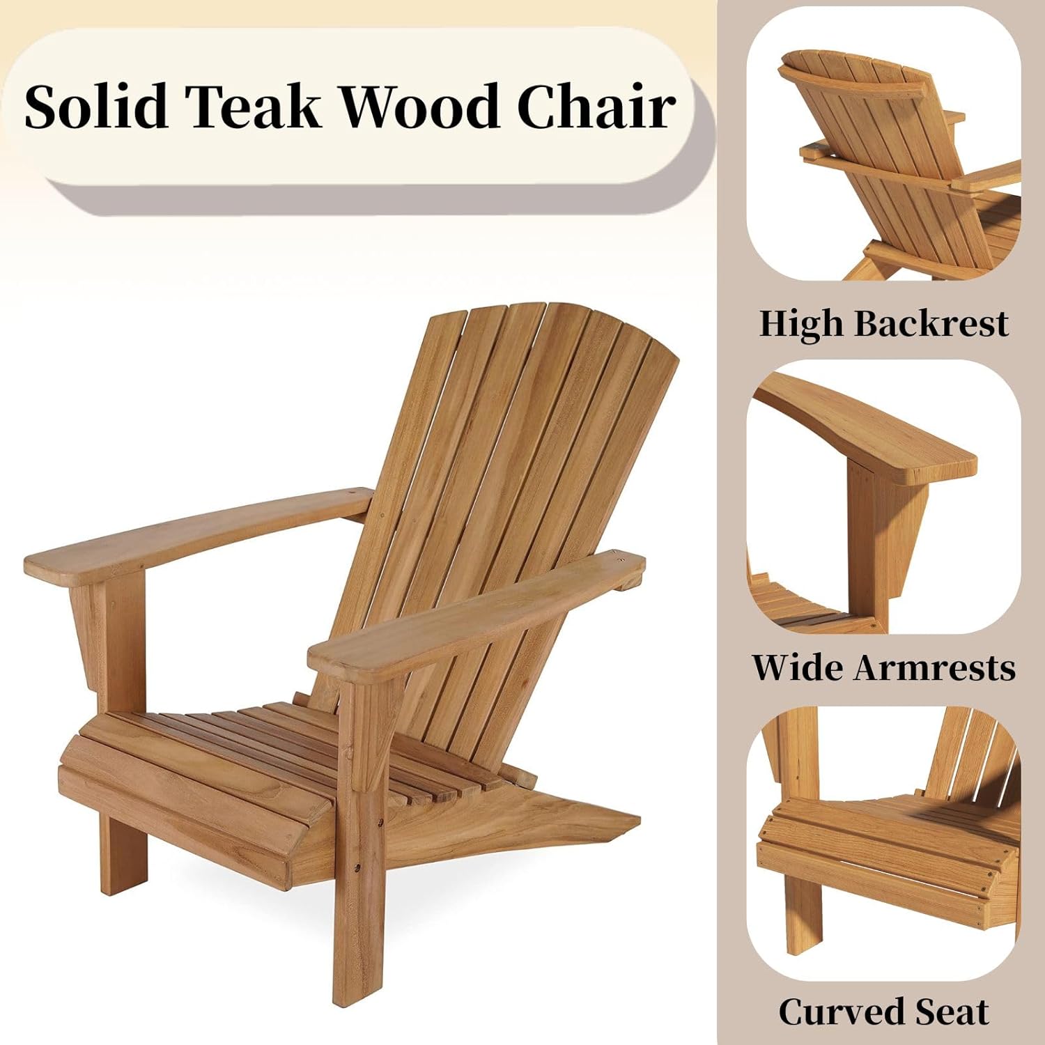 Solid Teak Wood Chair with Wide Armrest, Teak Adirondack Chair with Footrest, Durable and Weather Resistant, Wooden Lounge Chairs for Garden/Yard/Patio/Lawn, Teak Wood