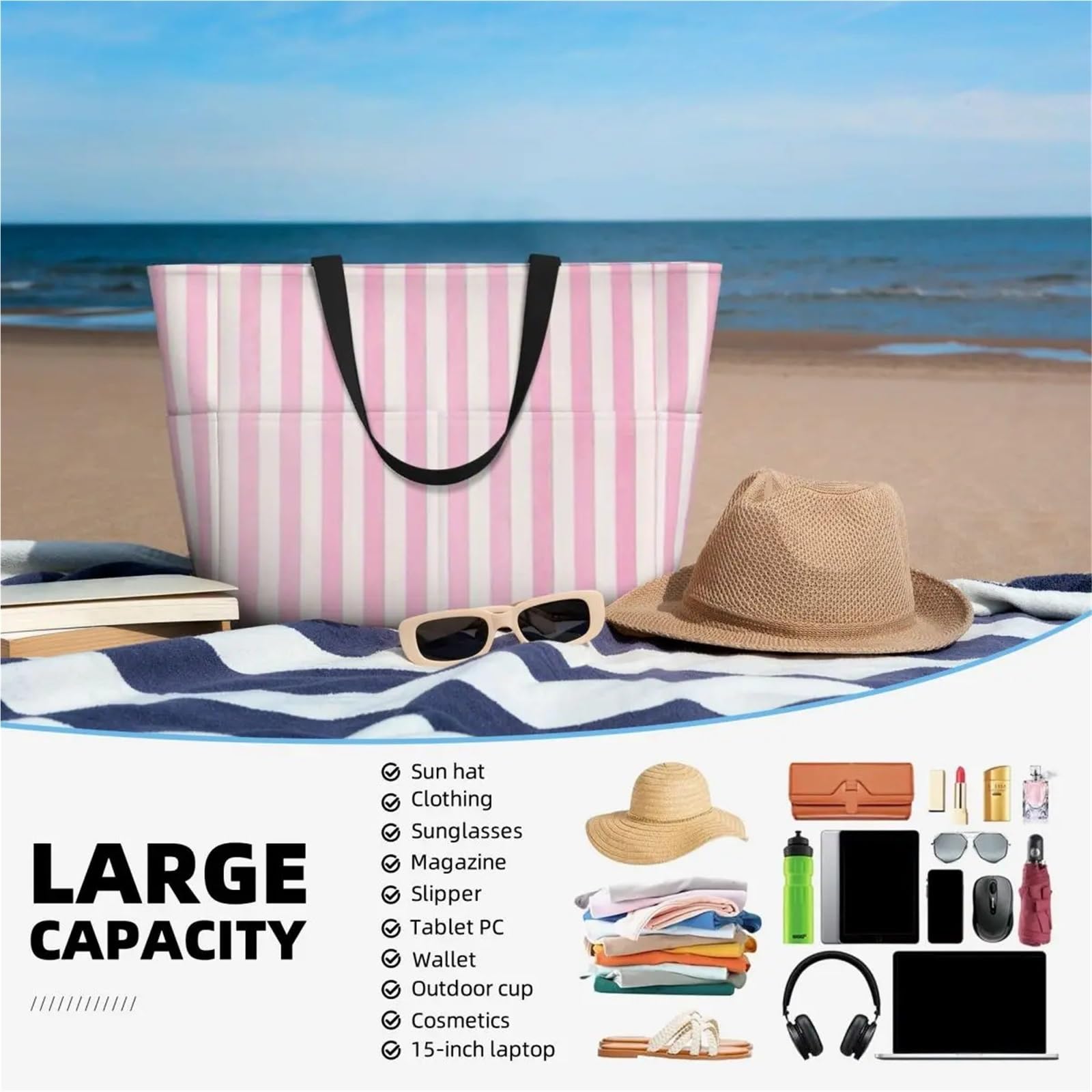 Borsa Da Spiaggia A Righe Bianche Rosa Pallido