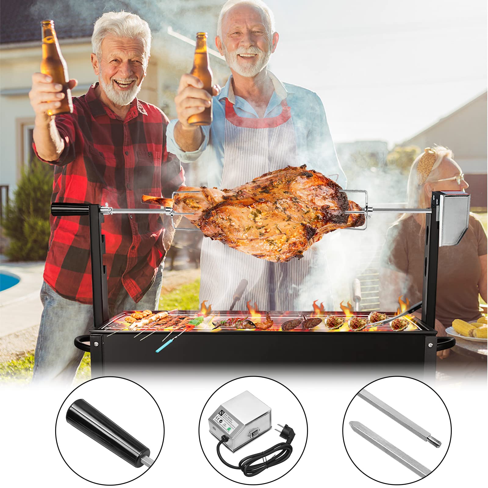 UISEBRT Girarrosto Elettrico per Barbecue 107 cm - Spiedo per Girarrosto in Acciaio Inox con motore 220-240V, inclusi 2X aghi carne