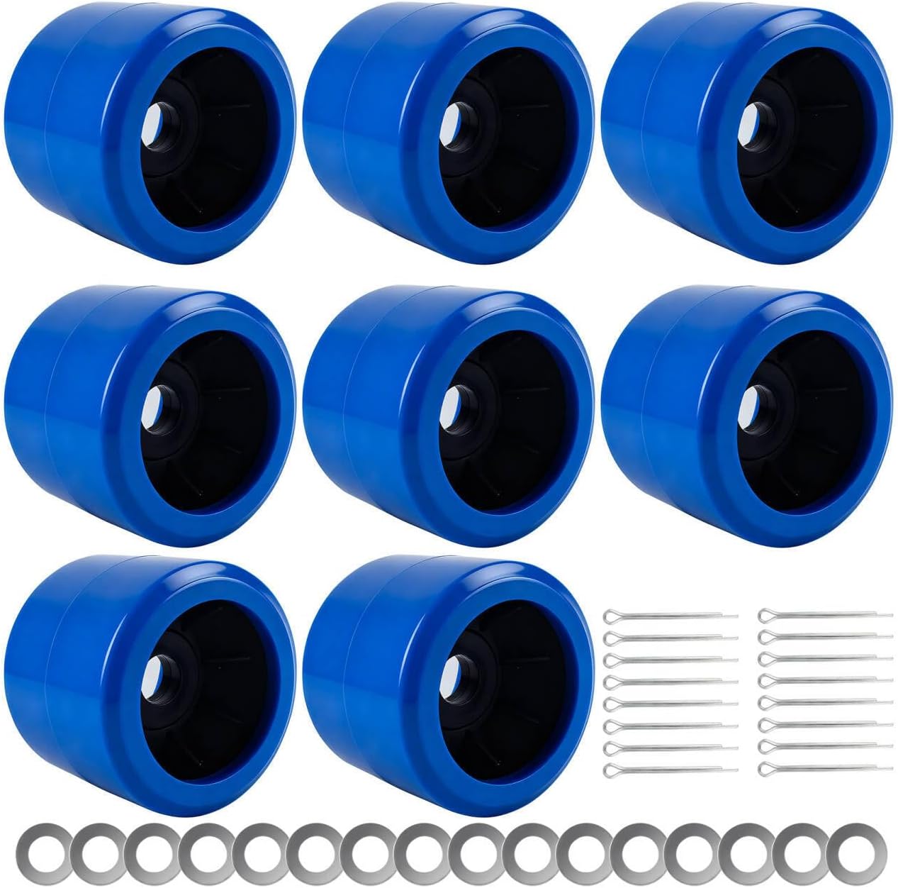 ORLANG 3.35" Width x 4.15" OD Heavy Duty Boat Trailer Ribbed Wobble Rollers, Boat Trailer Roller,Boat Wobble Roller,Marine Ribbed Wobble Roller Kit with Washers and pins (Blue-4Pack/8Pack)