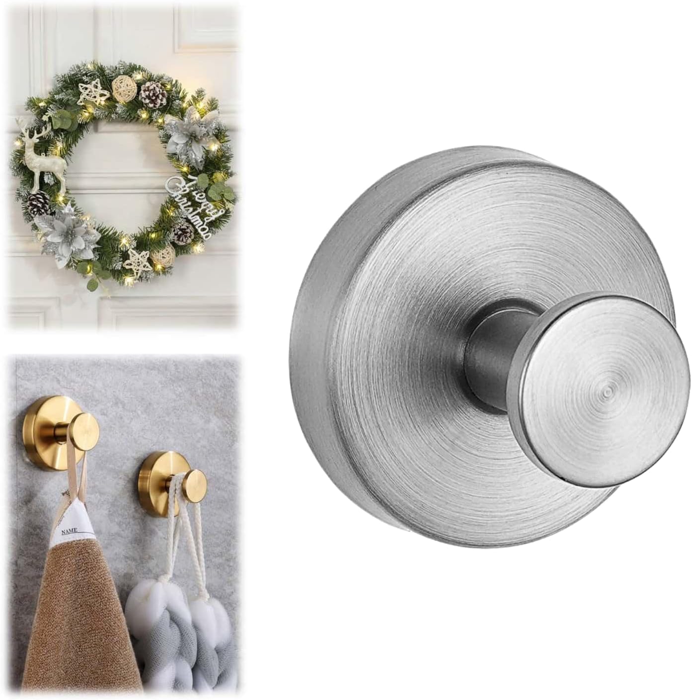 Suction Cup Hooks for Wreaths on Glass, Model No-Drill Suction Cup Hooks, Wreath Hangers for Front Doors, Metal Towel Hooks for Showers Bathrooms Mirrors(Silver 1pcs)