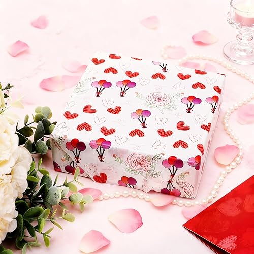 Miniatura 6 de 100 hojas de papel de seda rosa con globos de corazón rojo, 20 x 14 pulgadas, papel de seda con patrón de corazón para el día de San Valentín,