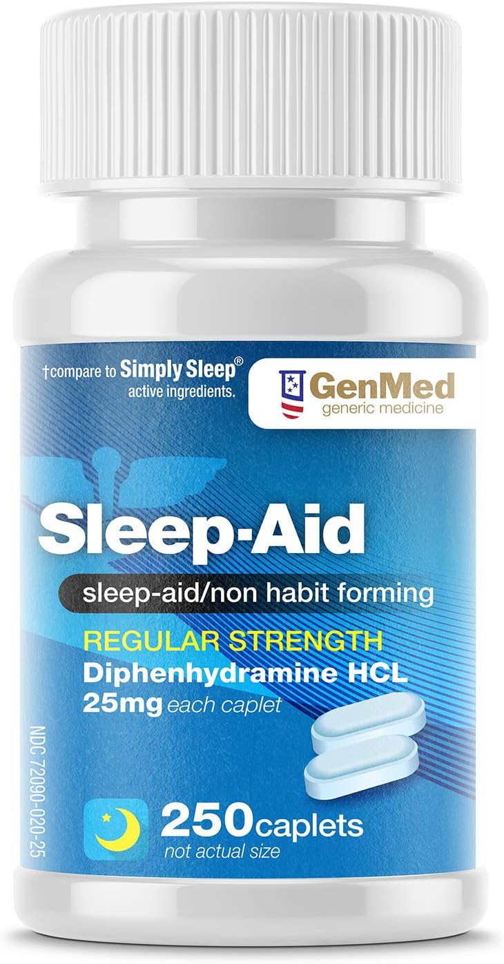 Genmed Sleep-Aid, 250Count, Diphenhydramine HCl, 25 mg, (Compare to Active Ingredient in Simply Sleep)