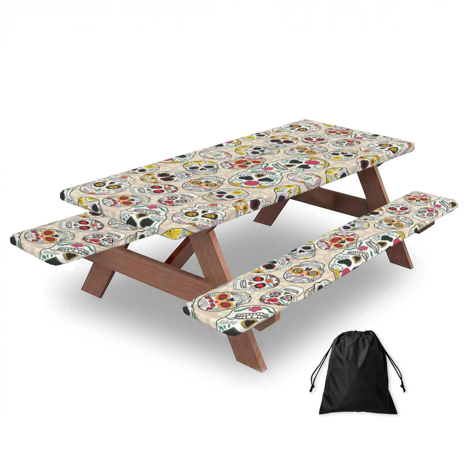 Zyjhyy Black Mexican Skull1 Print Party Table Covers With Bench Covers Set Of 3 Picnic Table Cloth Wipe Clean For Garden Camping