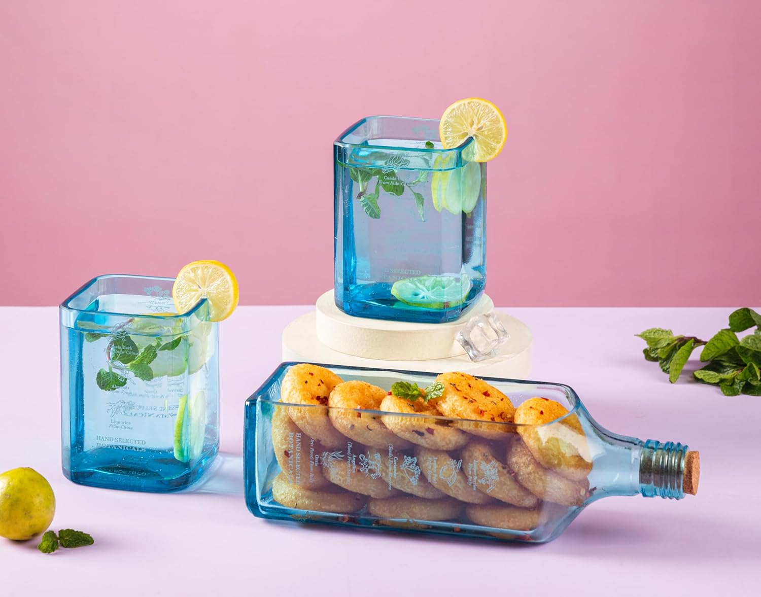 Upcycled Bombay Sapphire Gin Glasses and Platter Set of 3 with Premium Gift Box | Eco-friendly Glasses for Drinks made from Gin bottles | Ideal for Gin, Whiskey, Cocktail Nibbles and Finger Food - Image 8