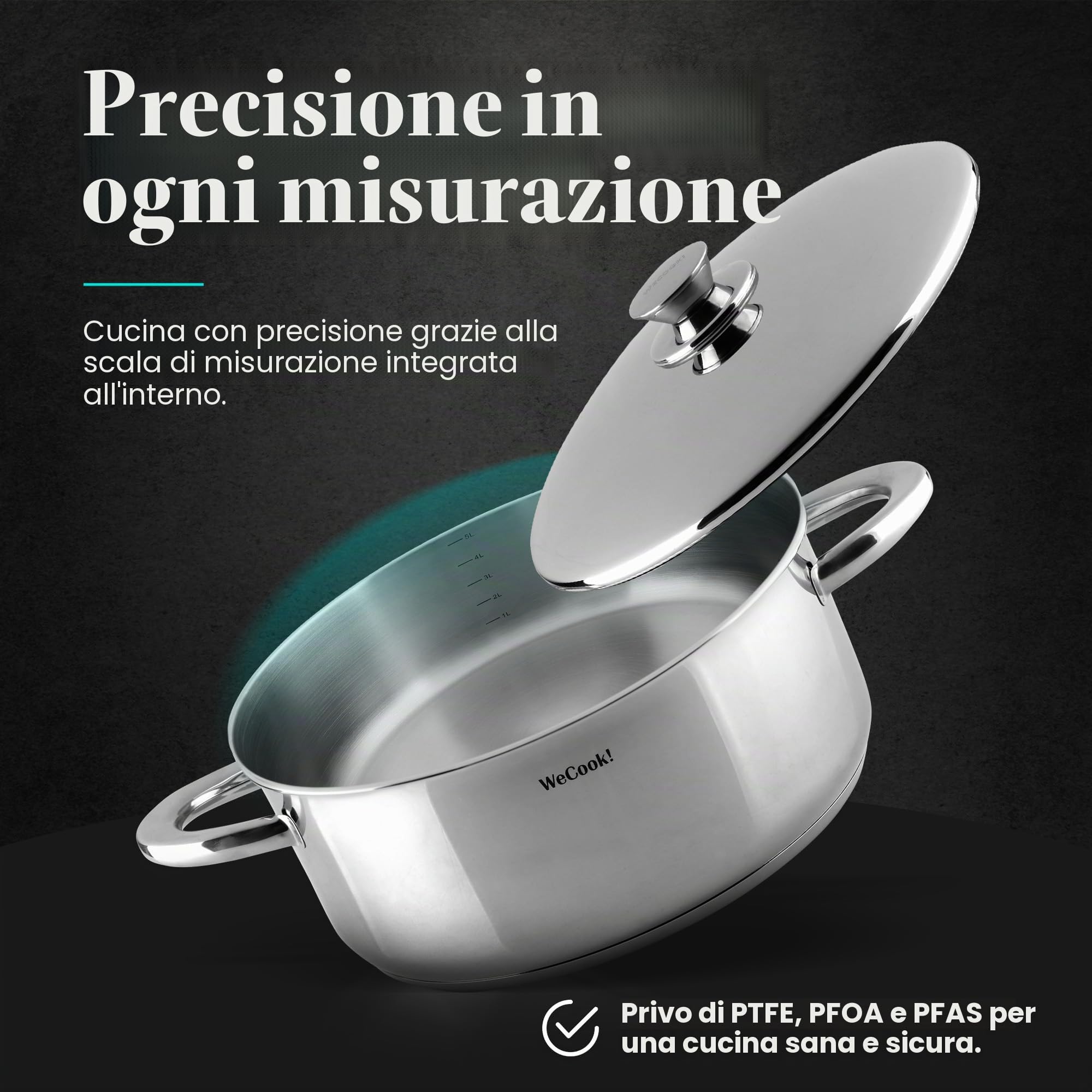 Wecook! Pentola in acciaio inossidabile 18/10 con coperchio in acciaio, Adatta a tutti i tipi di fornelli inclusa l'induzione, scala di misurazione integrata, Ø 24 cm, capacità 4,5 litri.