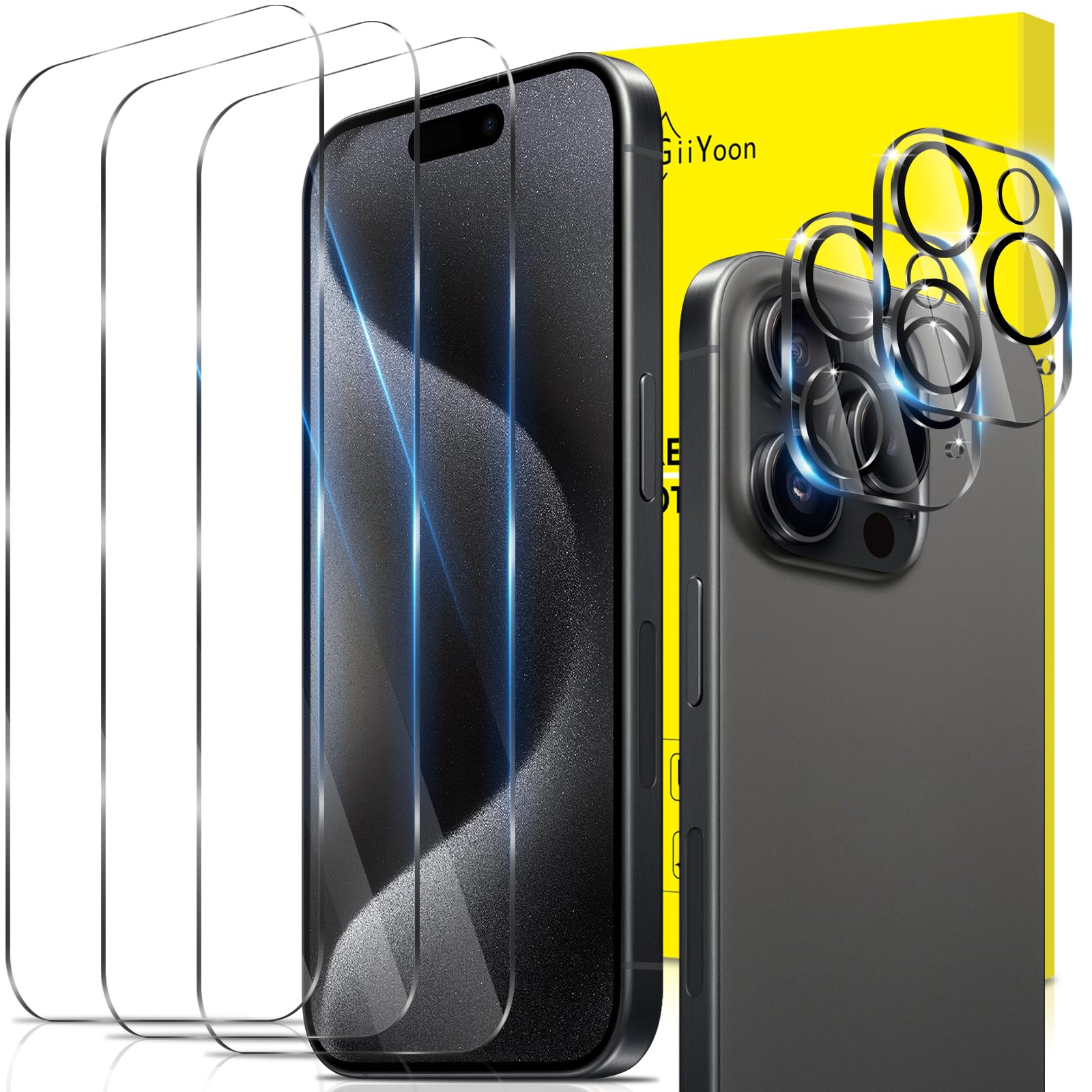 GiiYoon 2+3 Pack Screen Protector for iPhone 15 Pro Max with 3 Pack Tempered Glass Screen Protective Film and 2 Pack Camera Lens Protector [9H Hardness] [Bubble Free] Protective Film