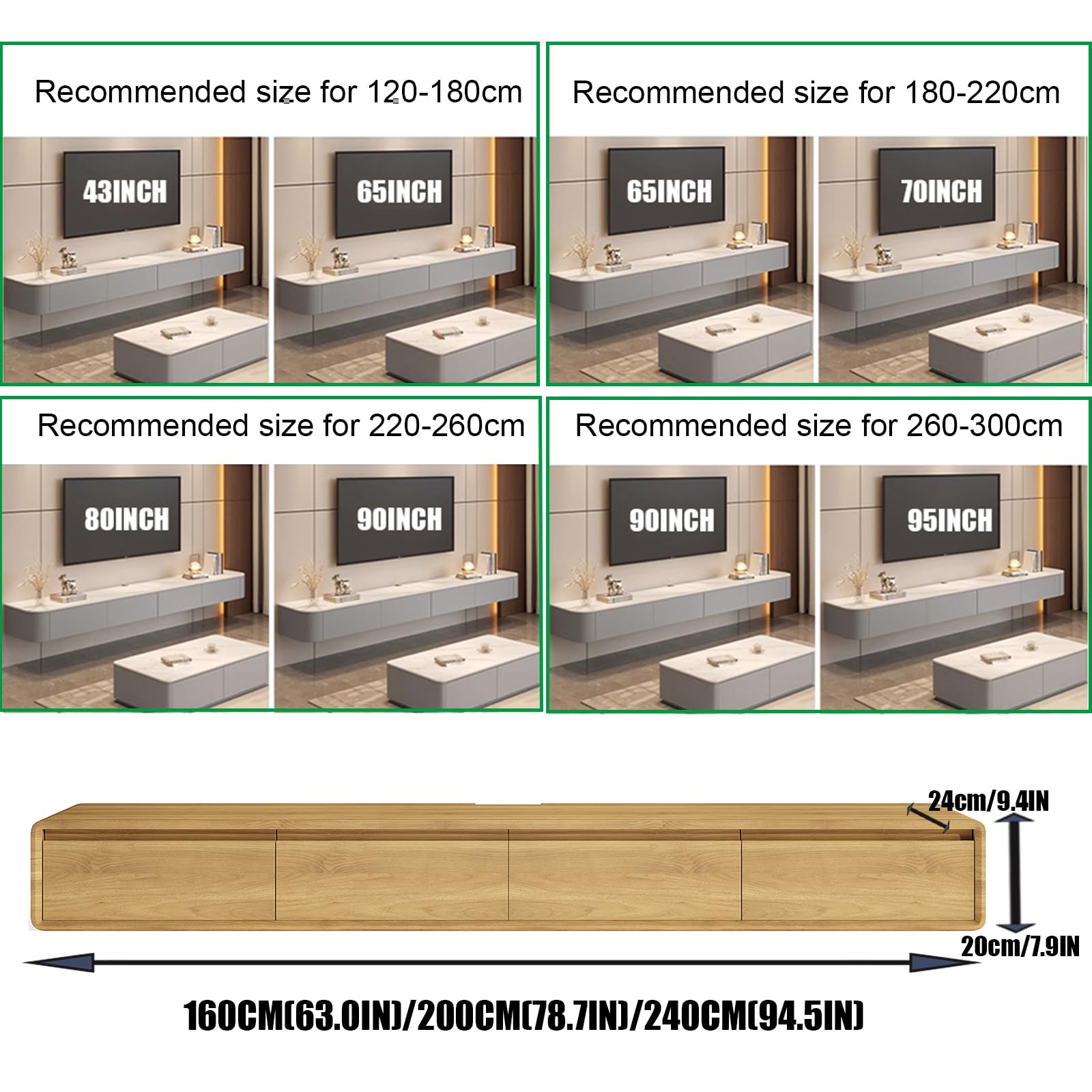 Supporto TV flottante - Grande mensola a muro - Diversi scomparti di archiviazione - Console multimediale - Banco flottante sotto la televisione - In legno massiccio (marrone, 160 x 20 x 24 cm)