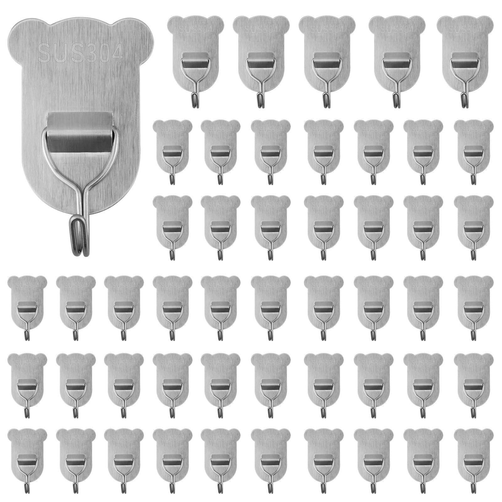 AOMEES Adhesive Hooks 50 Pack,Self Adhesive Hooks&Sticky Hooks for Hanging,Coat Hooks Wall Mounted Style No Drilling,304 Stainless Steel Wall Hooks & Door Hooks, Home Essentials for Kitchen, Bathroom