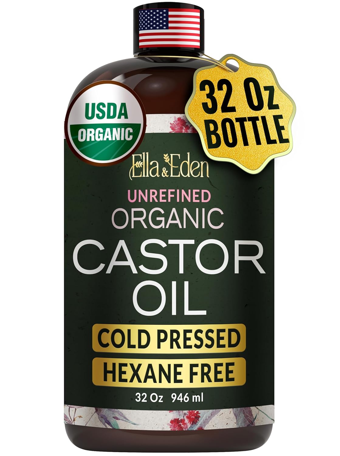 Ella & Eden Organic Castor Oil – Cold-Pressed Hexane-Free Unrefined| For Hair Growth, Skin and Face | USDA Certified & 100% Pure | Dark Plastic Bottle – 32 fl oz