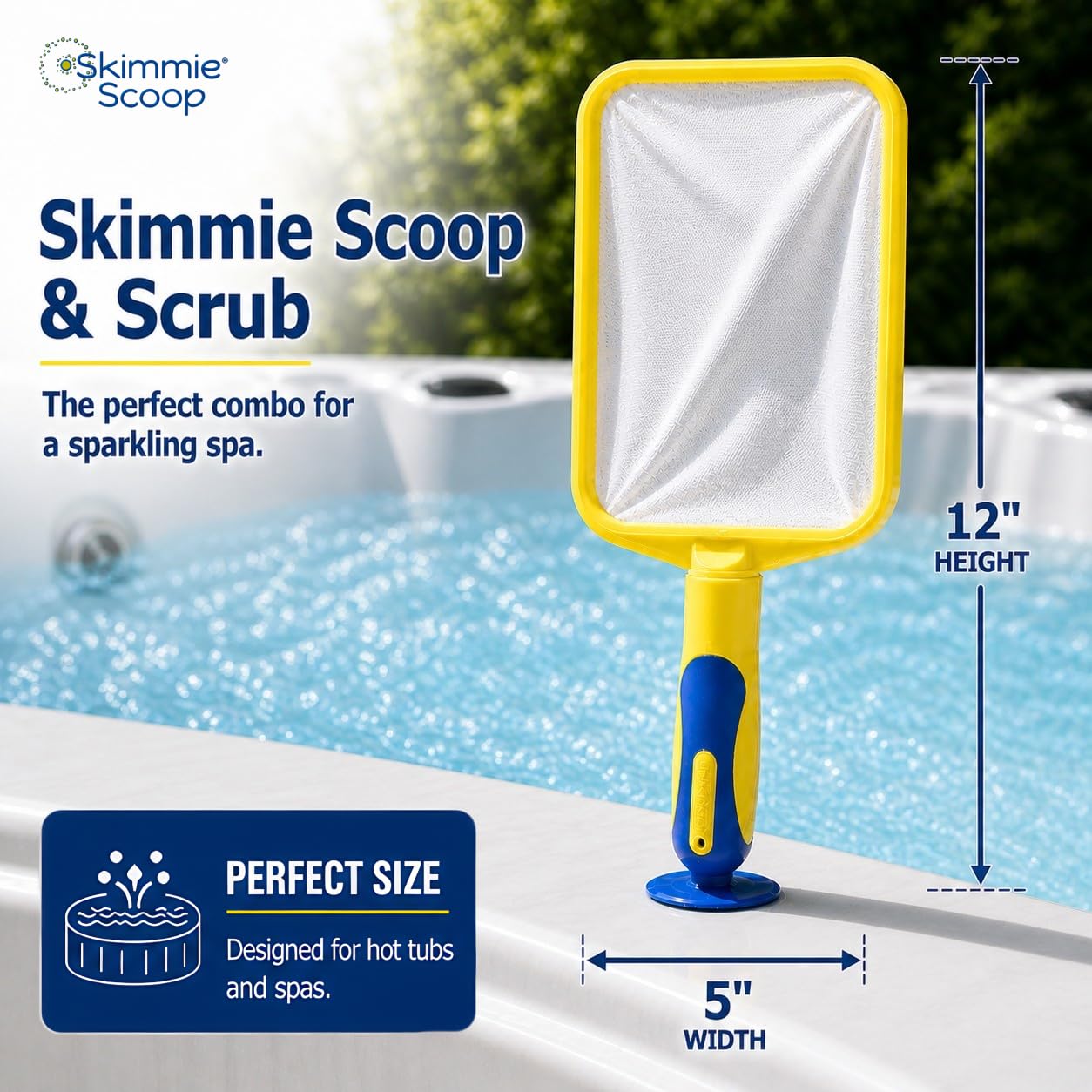 The Skimmie Scoop - Skimmer de mano patentado con red de malla fina para spa, jacuzzi y limpieza de piscinas pequeñas, ligero y duradero con potente ventosa, cabe en el compartimento del filtro