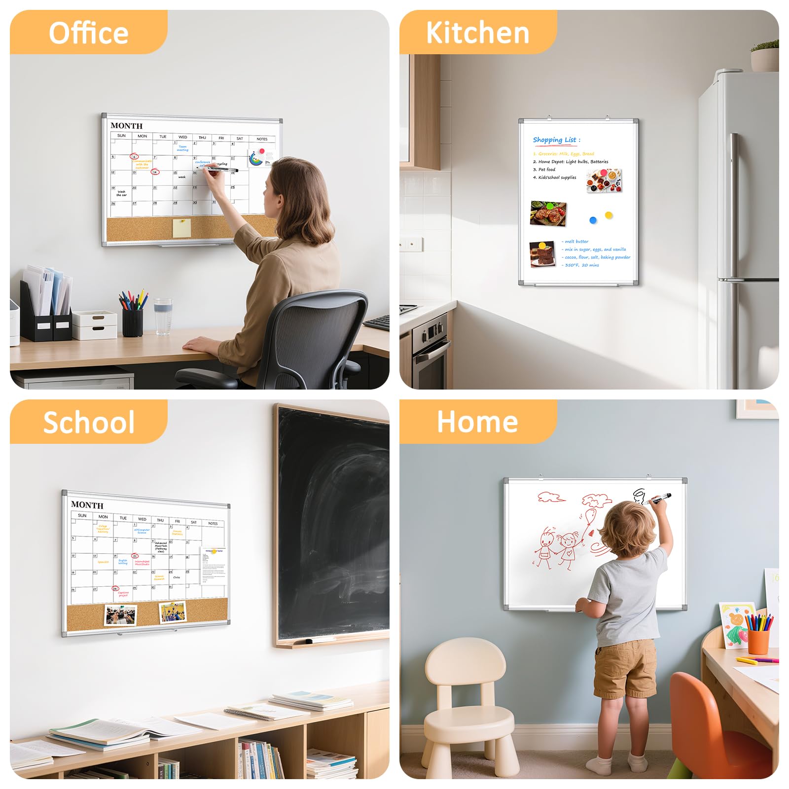 Dry Erase Calendar Whiteboard for Wall, 24"x18" Magnetic Monthly White Board Cork Board Combo, Double Sided, Aluminum Frame, Wall Hanging Wipe Board for Home, Office, School, Dorm