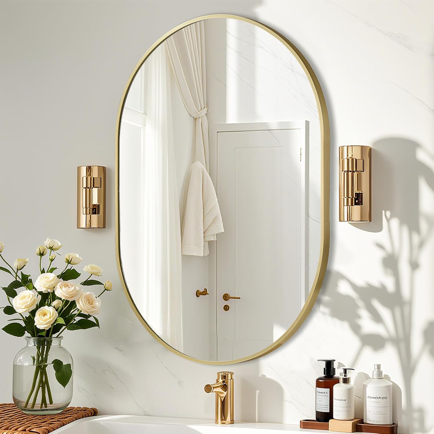 Gold Oval Mirror, 22x30 Inch Pill Shaped Metal Frame Mirror, Oval Bathroom Mirrors for Over Sink, Wall-Mounted Mirrors for Hallway,Living Room, Fireplace