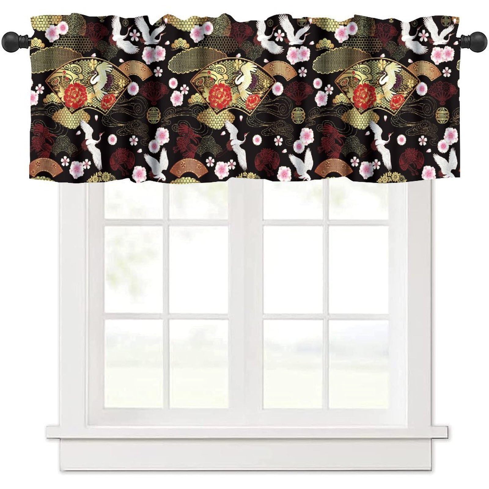 moderw Vintage Oriental Cranes Valance Curtain Chinese Japanese Cherry Peony Flowers Spring Window Treatment Valance for Home Dining Room Kitchen Canteens Party 54x18inch