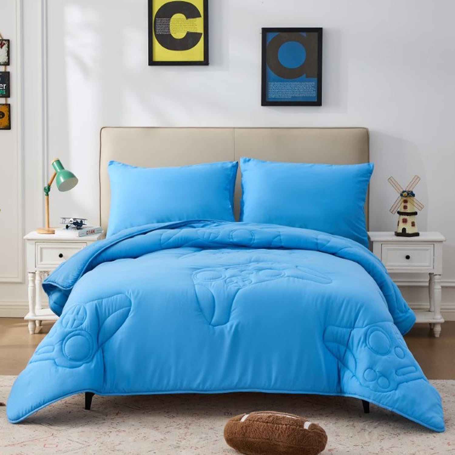 Brillars 10.5 Tog Kids Coverless Quilt Set with Pillowcase, Soft Quilted Reversible Comforter Duvet, Lightweight Breathable Winter Washable Polyester Bedding (Gamer - Blue, Double Duvet 200x200cm)