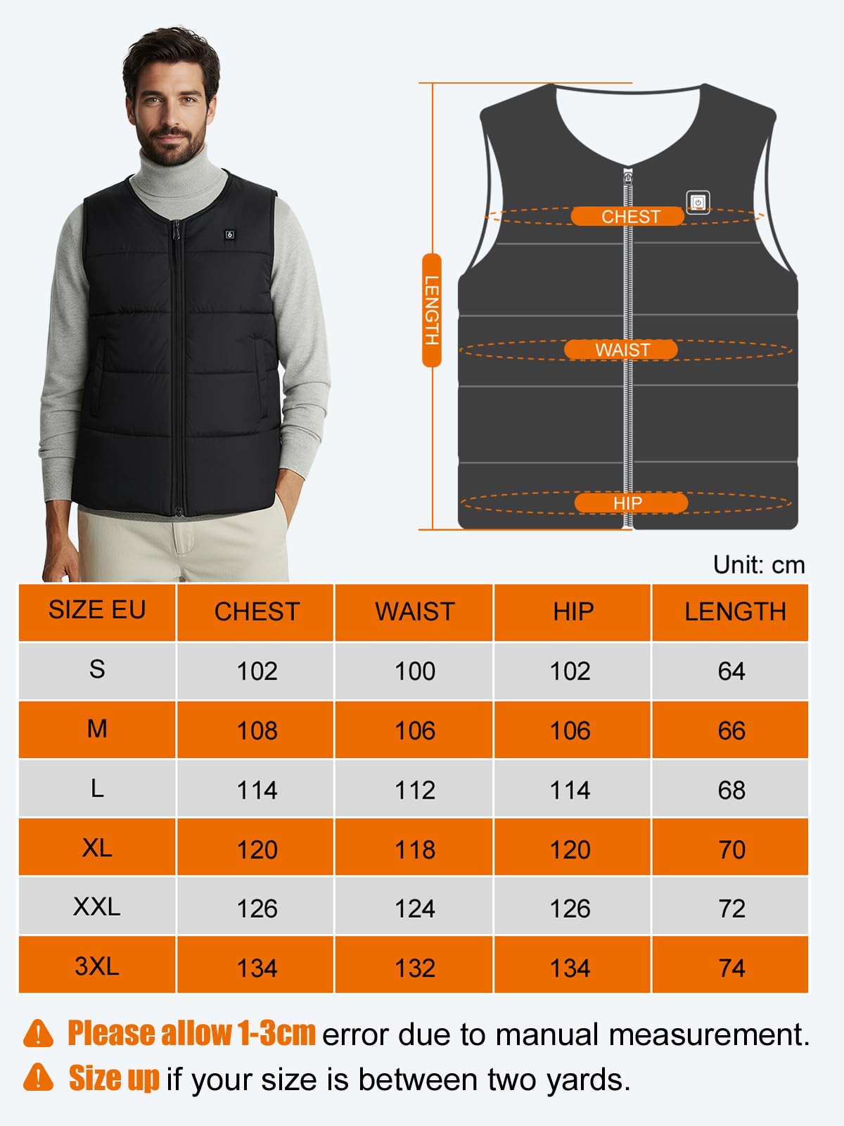 UNBON Gilet Chauffant Homme Femme avec Batterie Incluse 10000mAh, Gilet Chauffant USB Électrique Col V, Veste sans Manche Chauffante avec 3 Chaleurs 5 Zones Chauffage pour Moto Chasse Travail Noir L
