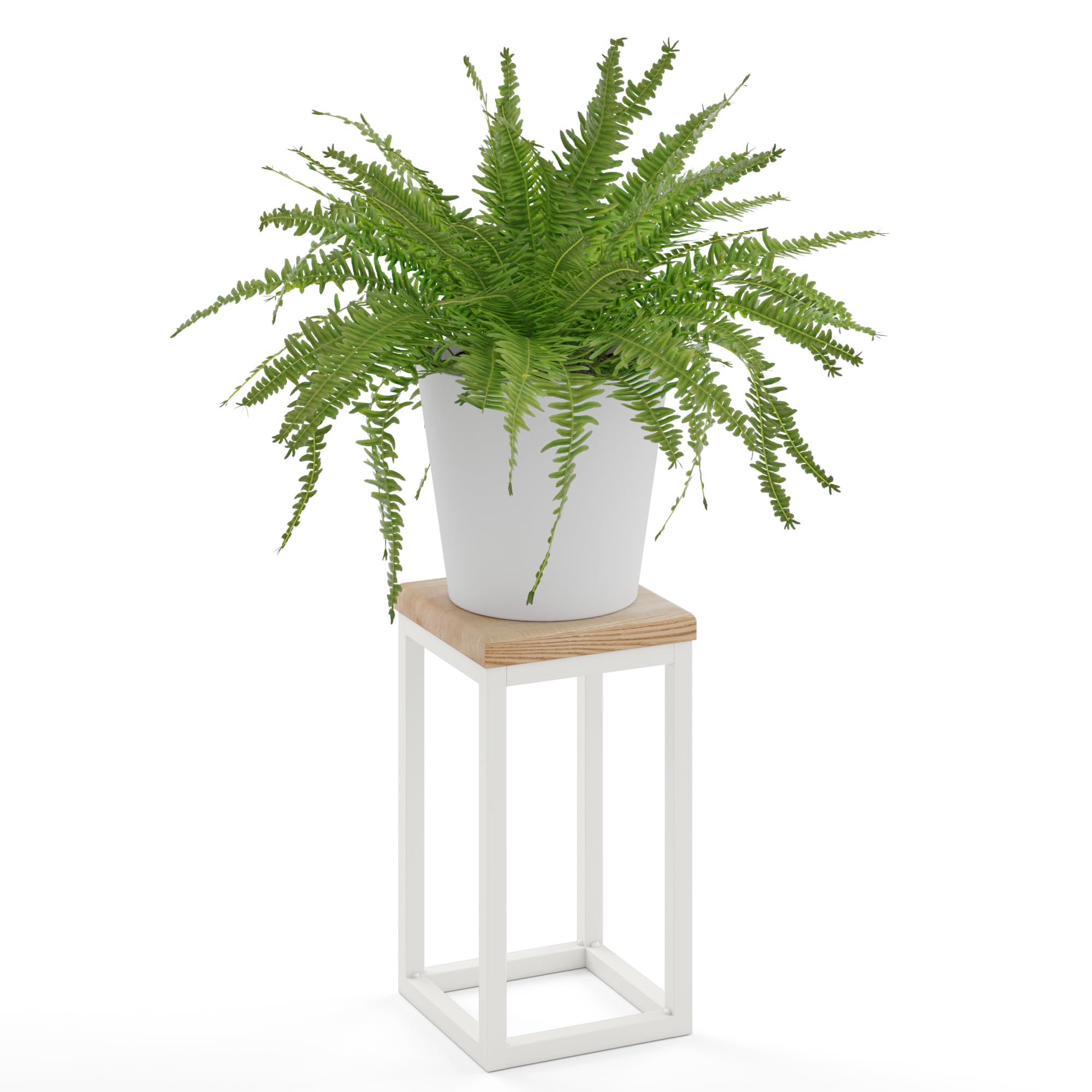 LAMO Manufaktur Blumenständer Weiss Metall | Pflanzenständer Holz mit Natur Farbe | Blumenhocker klein 30 cm für große Zimmerpflanzen | 100% Echtholz