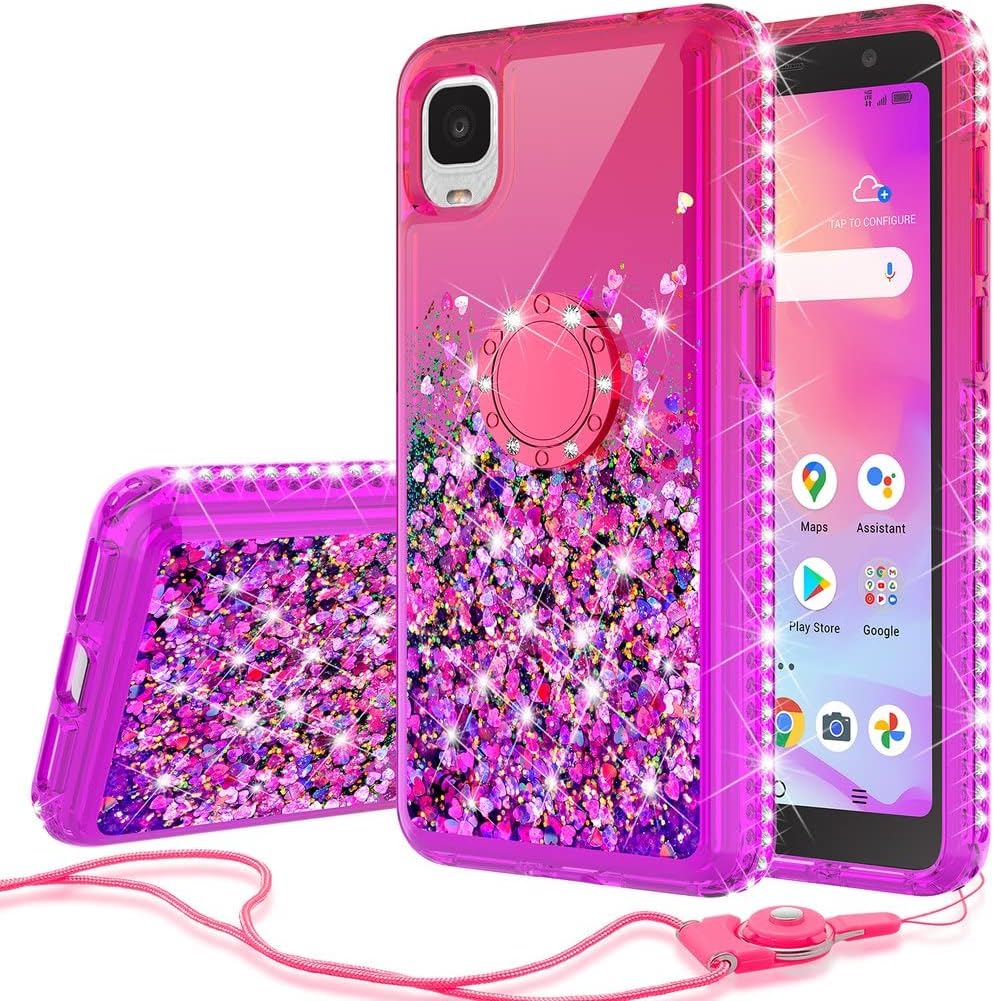 Liquid Glitter Cute Phone Case Kickstand for TCL ION Z/TCL A3 A509DL/TCL A30 /T501/T501C Case Clear Ring Stand Girls Women - Hot Pink/Purple