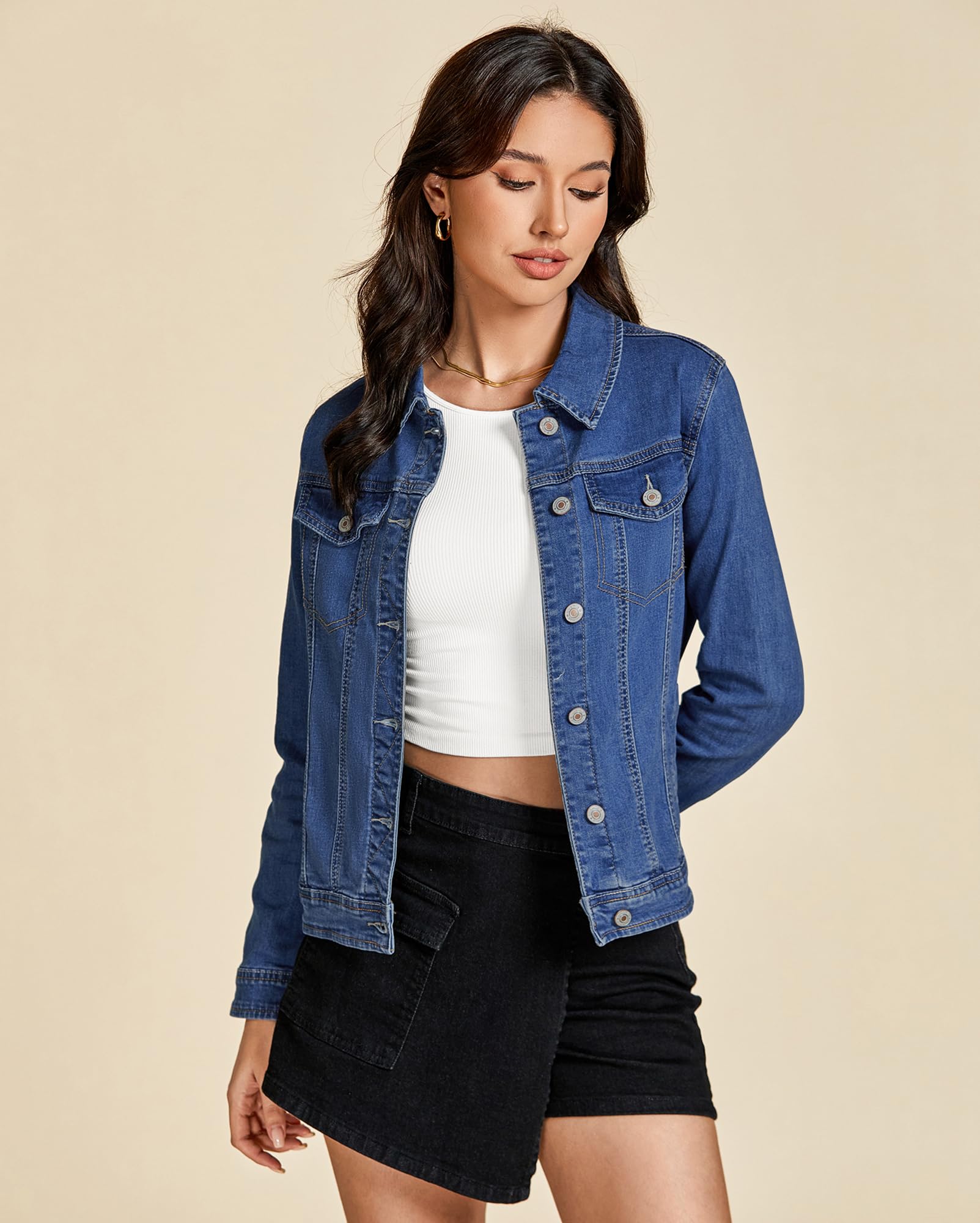 Vetinee Vestes en jean pour femme avec boutons et boutons