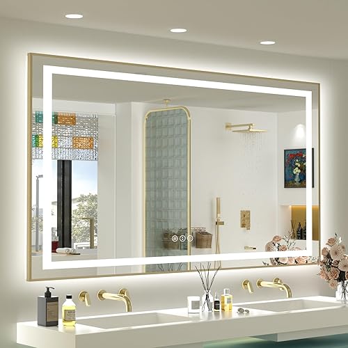 Miniatura 8 de OKPAL 50x30 Espejo de baño LED con marco negro, espejo iluminado para tocador de baño, iluminación frontal y trasera, regulable, antivaho, 3 Negro
