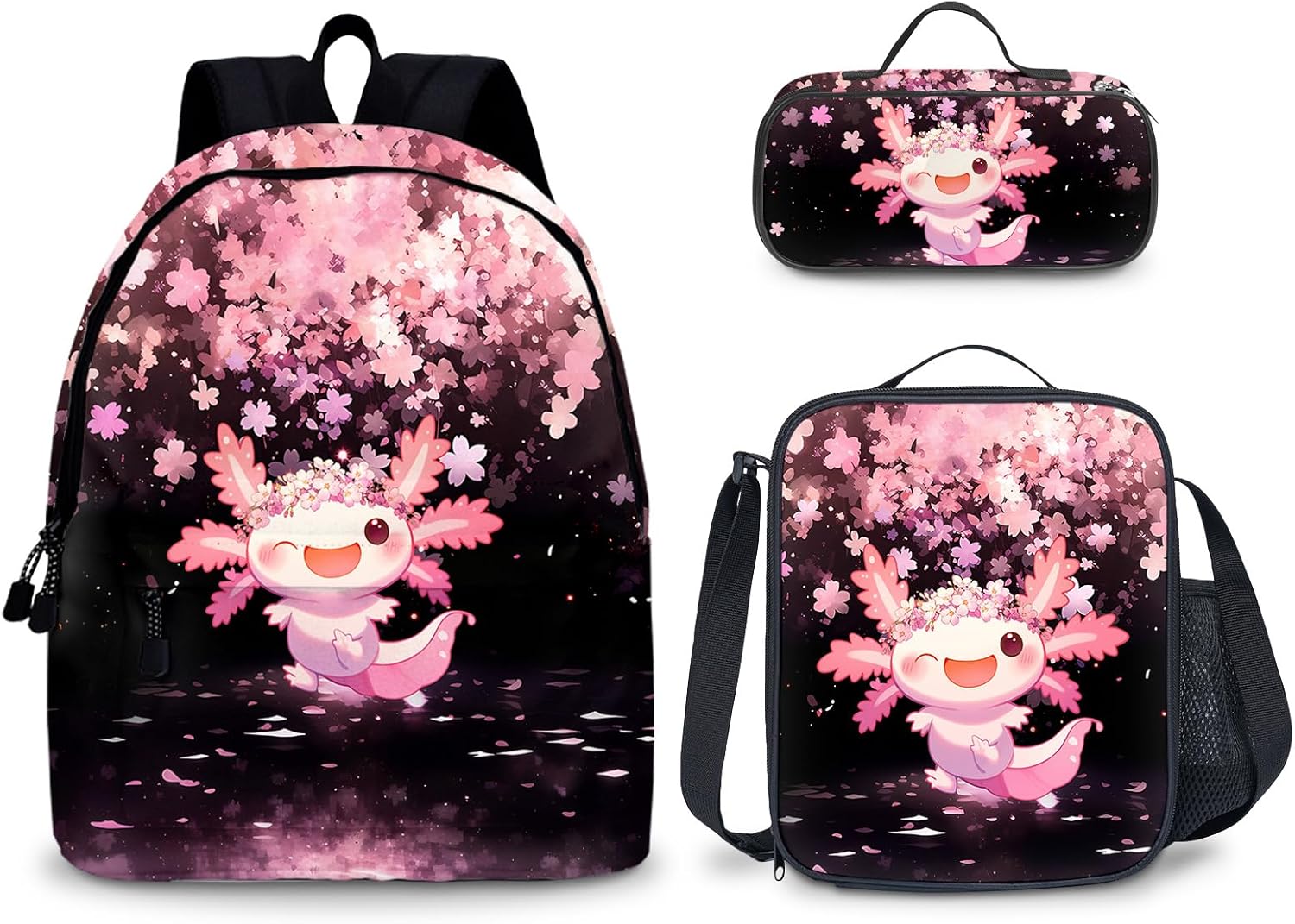 Axolotl Kids Backpack for School Boys, 3PCS Salamander Teen Boy Backpack with Lunch Box & Pencil Pouch Set, Shoulders Travel Daypack School Bag Bookbag Set for Kindergarten Primary Middle School