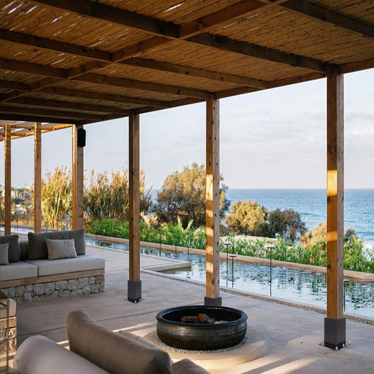 4x4 Post Base 4 Pcs, (Inner Size 3.6x3.6) Railing Post Brackets, Heavy Duty Black Powder-Coated Steel Post Bracket Fit, Wood Fence Post Anchor, Decking Post Base for Deck Porch Railing Support Trim