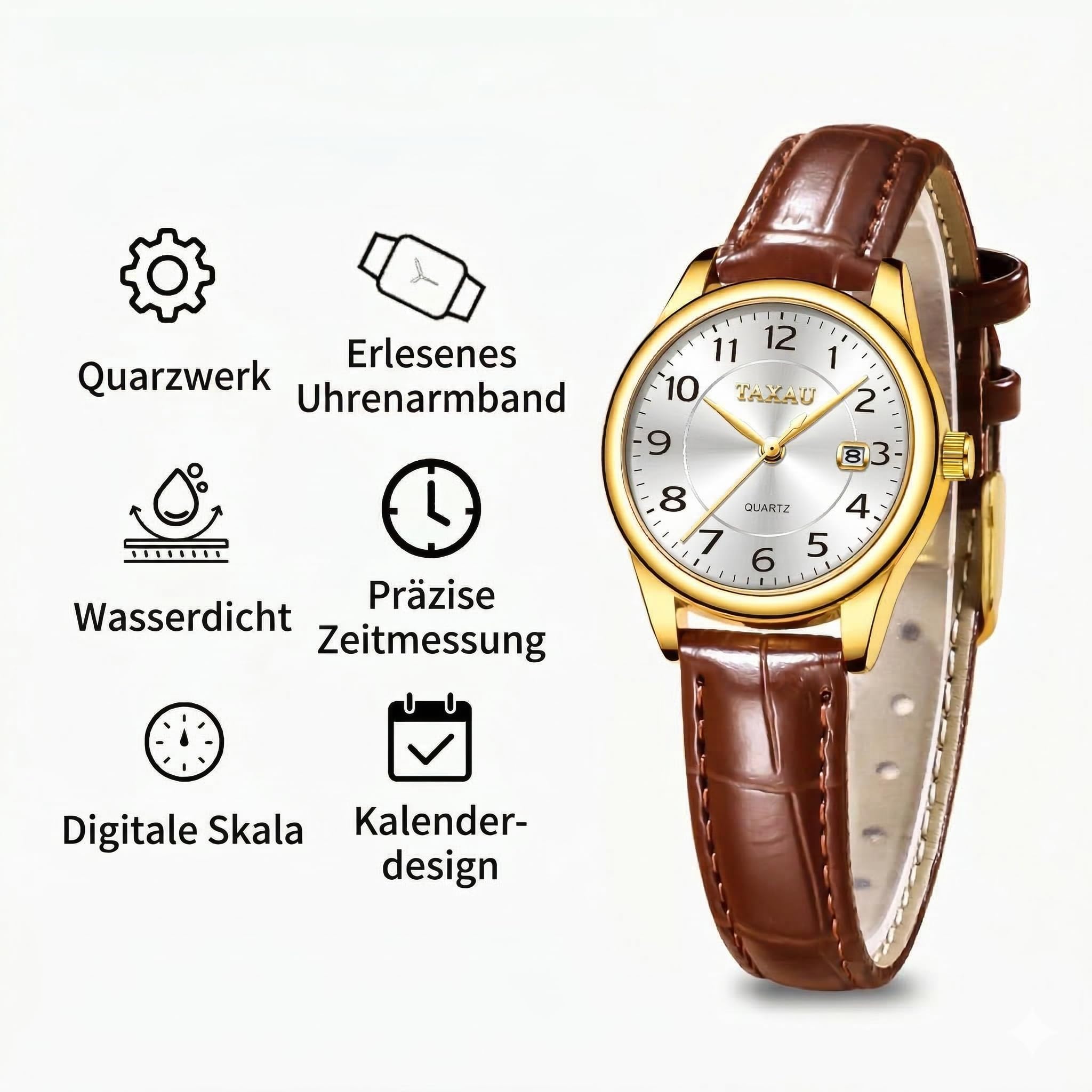 Taxau Damenuhr Lederarmband Analog Quarz–Elegante Armbanduhr Damen mit Datumsanzeige, Kleine 28mm Damen Uhr, 3Bar Wasserdicht,Klassisches Design Geschenke für Frauen