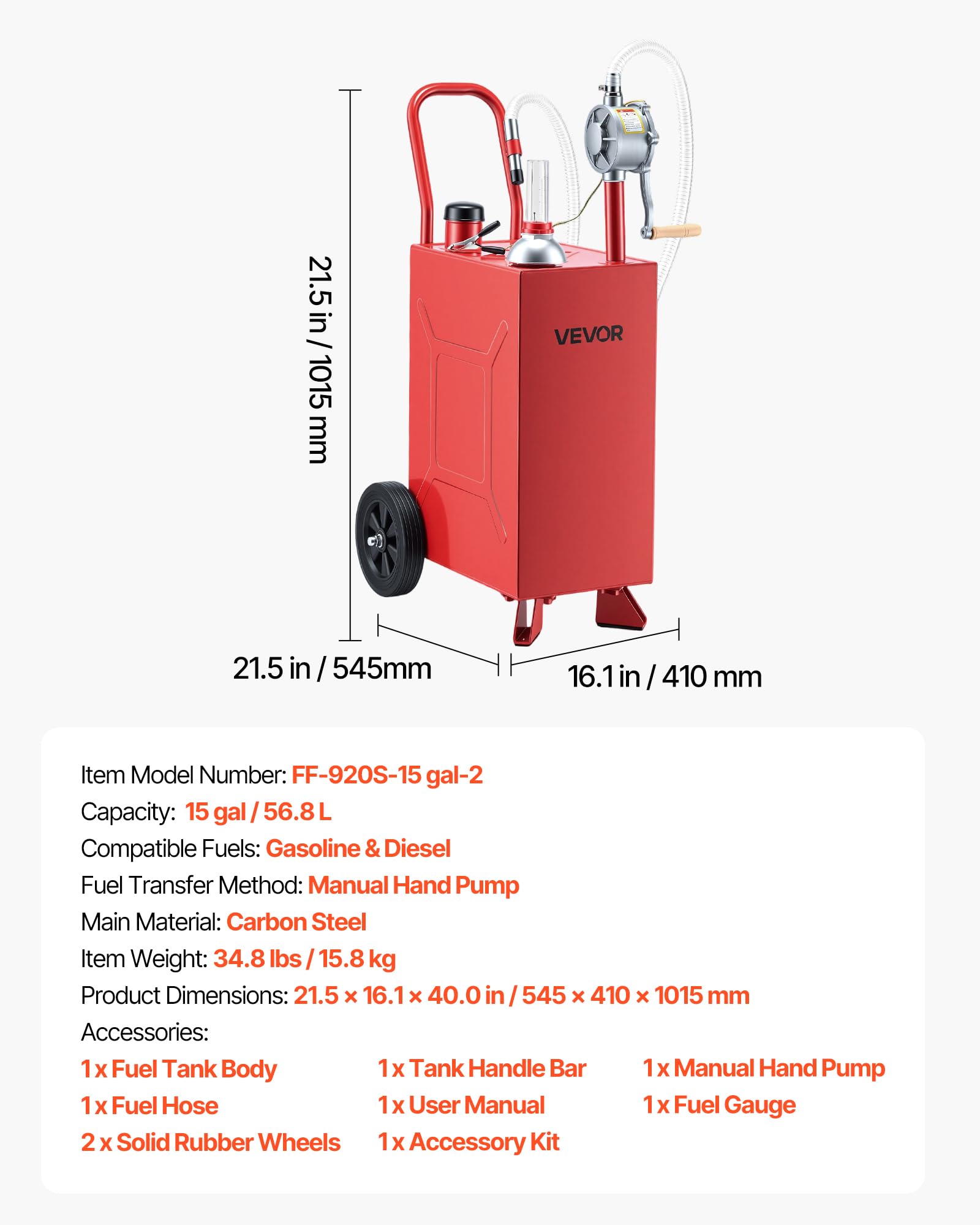 VEVOR Carro de Combustible de 56,8 L con Depósito de Diésel y Gasolina | Tanque de Combustible con 2 Ruedas, Bomba Manual de Trasvase Bidireccional, Acero al Carbono, para Granja, Garaje y Exterior