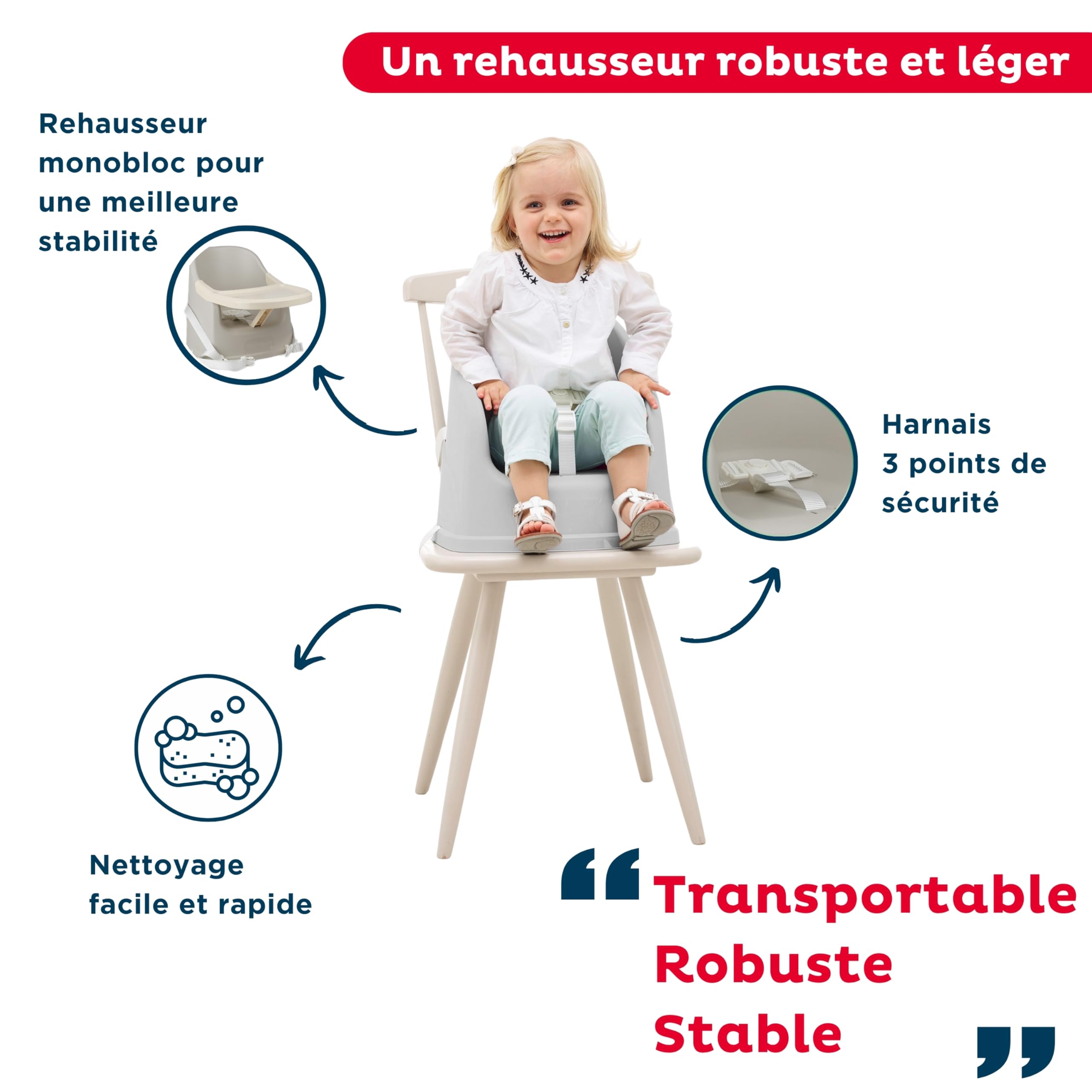 THERMOBABY - Rehausseur De Chaise YOUPLA - De 6 Mois À 3 ans - Tablette Amovible - Léger - Compact- Gris Velours - Fabriqué en France