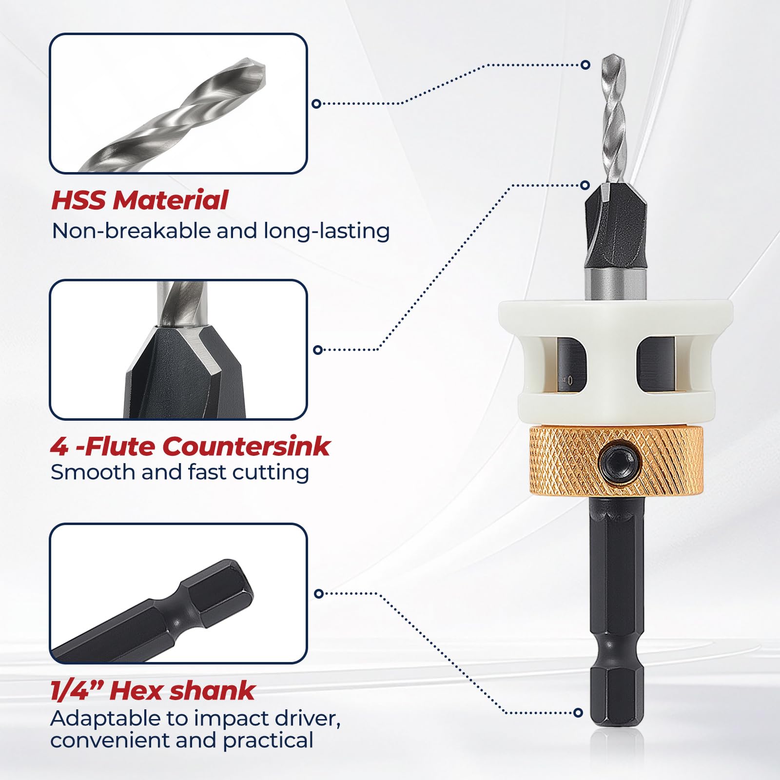 ColumPRO 4PCS Countersink Bits Set, Countersink Drill Bit Set for Wood with 4 Different Sizes Replaceable Drill Bits - Image 2