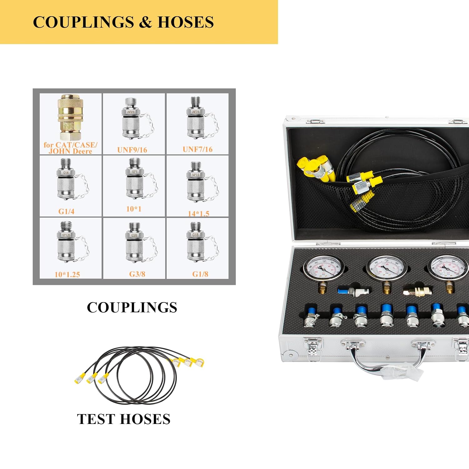 Hydraulic Pressure Test Kit, 3 Gauges(/4000/6000/10000 PSI) & 8 Test Couplings & 1 Quick Connector & 3 Test Hoses, Hydraulic Pressure Gauges, for Excavator, Construction, Machinery