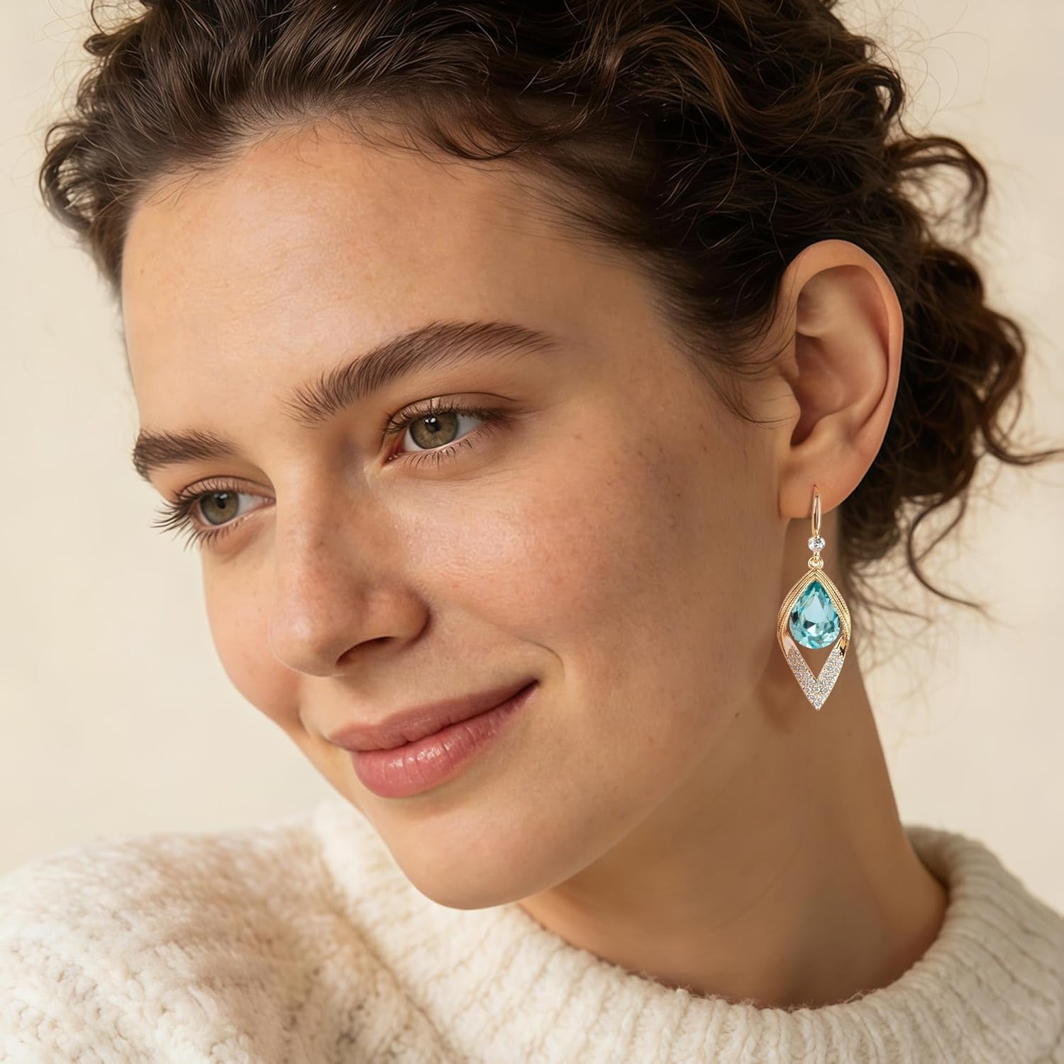 Austrian Crystal Teardrop Hollow Leaf Drop Dangle Earrings for Women 14K Rose Gold Plated Hypoallergenic Jewelry - Image 2