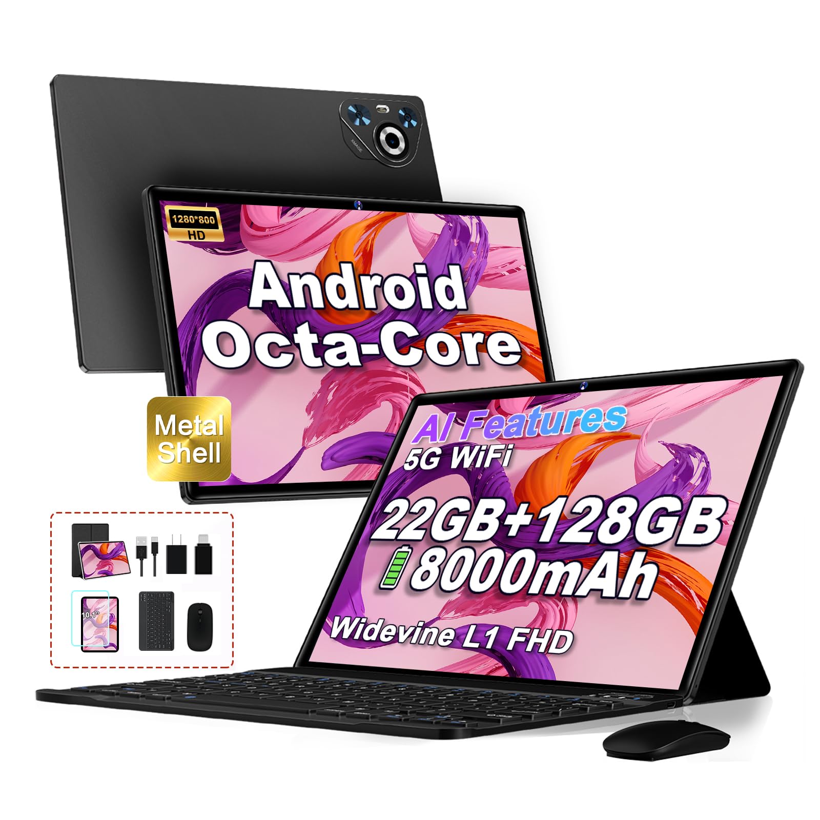 Dghrti Tablette Tactile 10.1 Android -22 Go RAM / 128 Go ROM (TF 1To), 8 cœurs, 8000 mAh, WiFi 5G/2.4G, Double caméra 5+8 MP - Widevine L1 avec Clavier et Souris - Gris