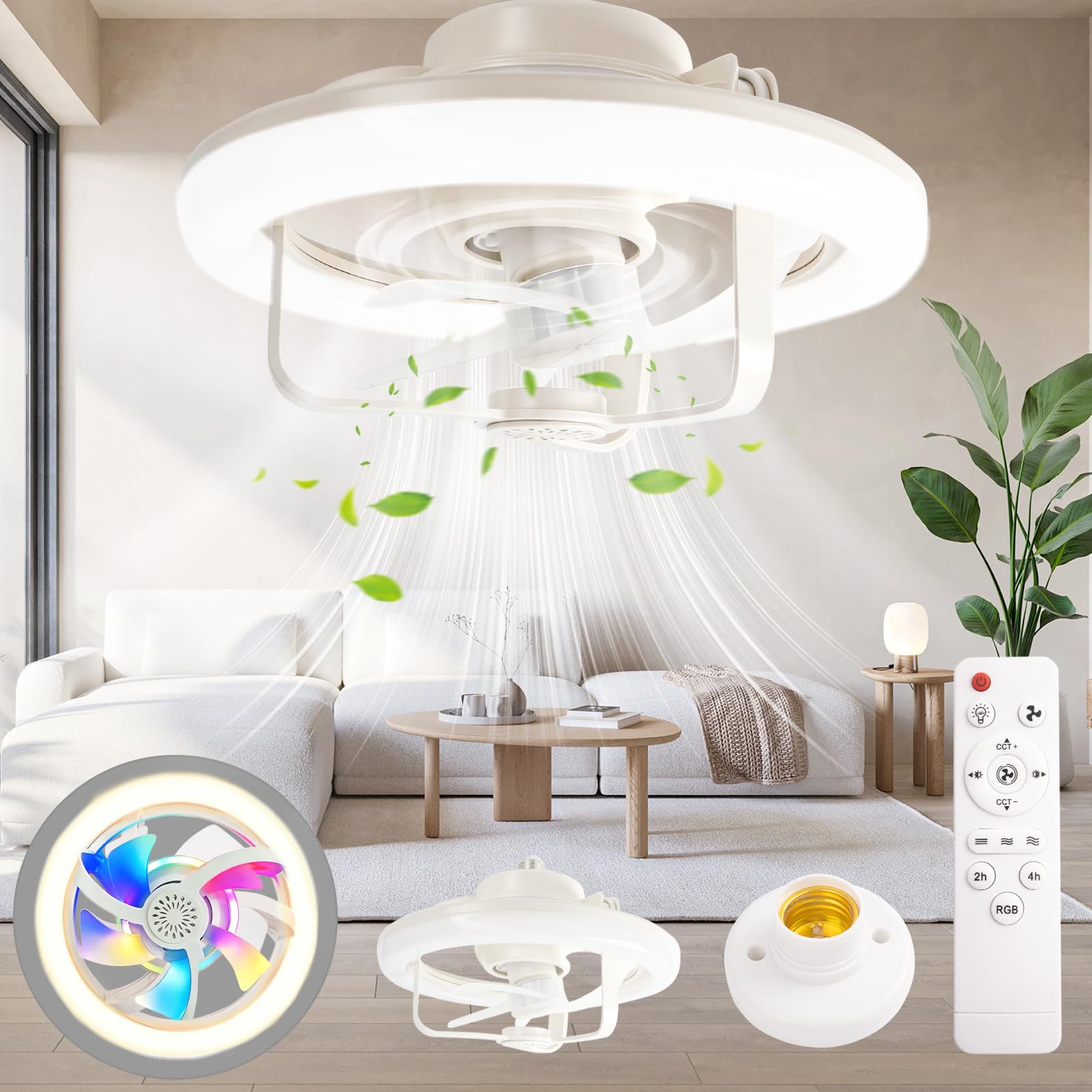 Ventilador con Luz, RGB 16 Colores Lampara Ventilador Techo Moderna, 28CM Pequeño Ventiladores de Techo con Luz Silencioso para Dormitorio Cocina Comedor, Temporizador, 3 Velocidades, Mando