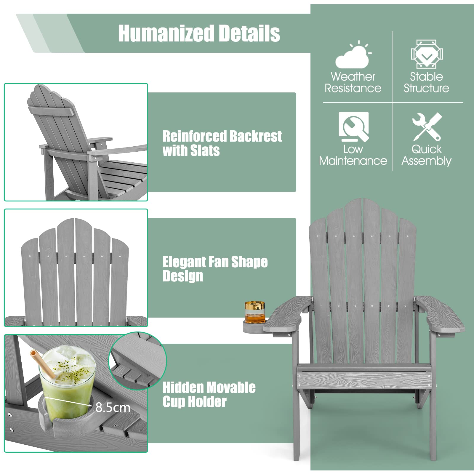 KOMFOTTEU Silla Adirondack de Hips, Sillas de Patio Resistente a Todo Tipo de Clima, Silla para Fogata con Soporte de Tazas para Jardín, Césped, Patio, 77X86X94CM (Gray)