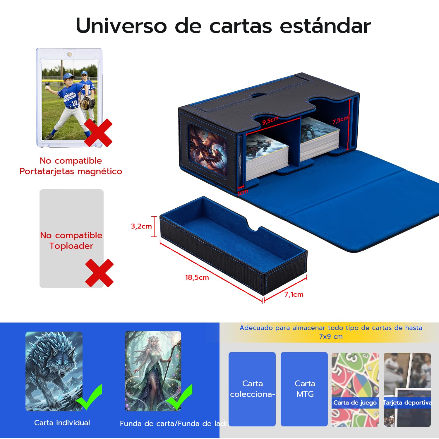 Caja De Tarjetas De Doble Capa para MTG, con Cajón De Dados, 2 Ventanas Laterales, Caja De Cubierta Magnética con Capacidad para Más De 300 Tarjetas para Tarjetas Commander TCG - Azul Negro