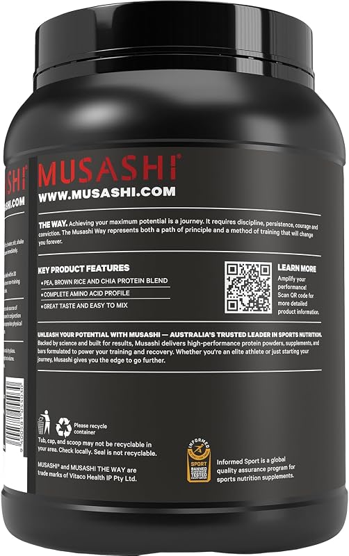 Musashi Plant Protein Powder, Chocolate, 900g (1.98 lb), Pea, Brown Rice and Chia Protein Blend with BCAAs & L-Glutamine, 23g Protein, 130 Calories per Serving image 3