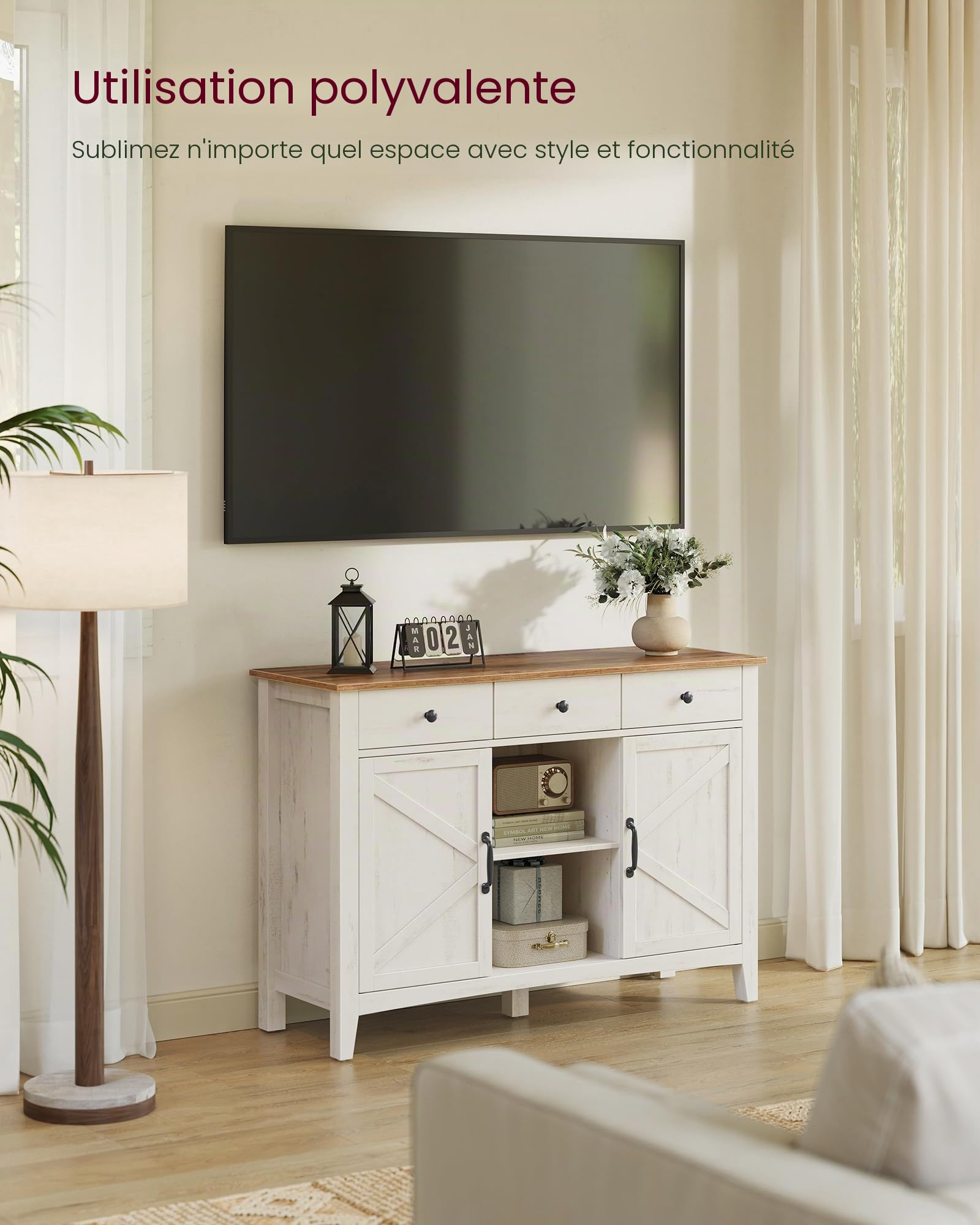 VASAGLE Buffet, Meuble de Rangement avec Tiroir, Meuble de Cuisine, avec Portes, Étagère Réglable, Style Campagne, pour Salon, 40 x 114,5 x 80 cm, Blanc Rustique et Marron Miel BBK371W02V1